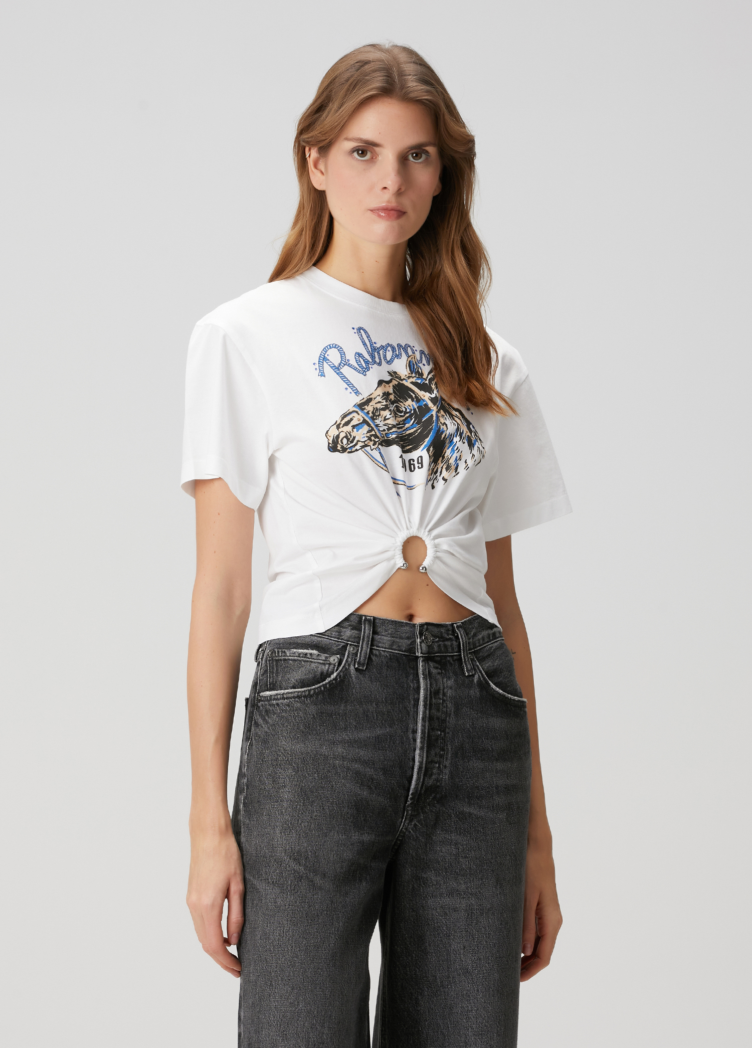 Beyaz Baskılı Crop T-shirt