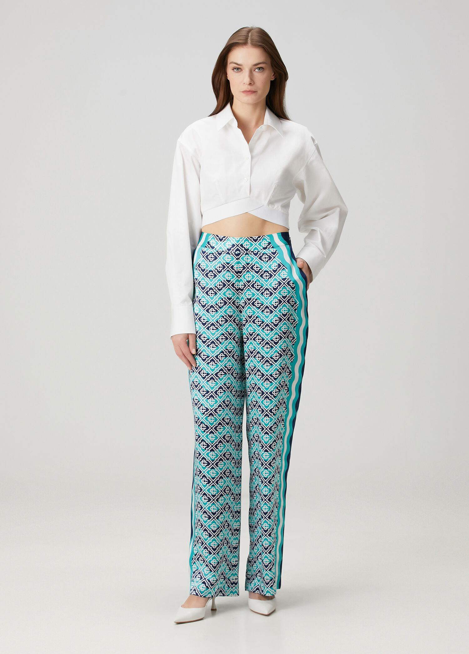 Monogram Wave Mavi Desenli İpek Saten Pantolon