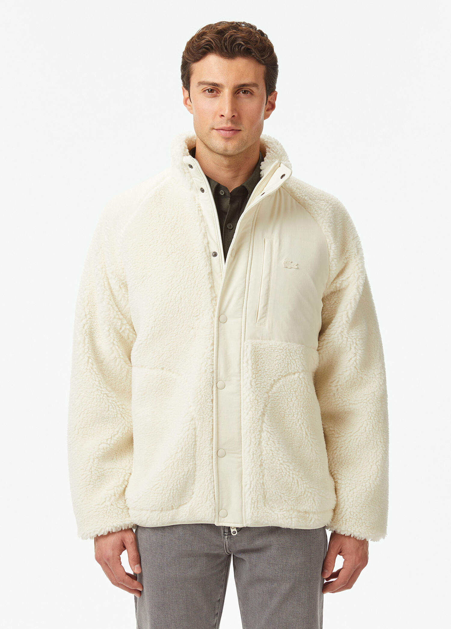 Lacoste BEYAZ-70V Erkek Renk Bloklu Beyaz Dik Yaka Erkek Ceket