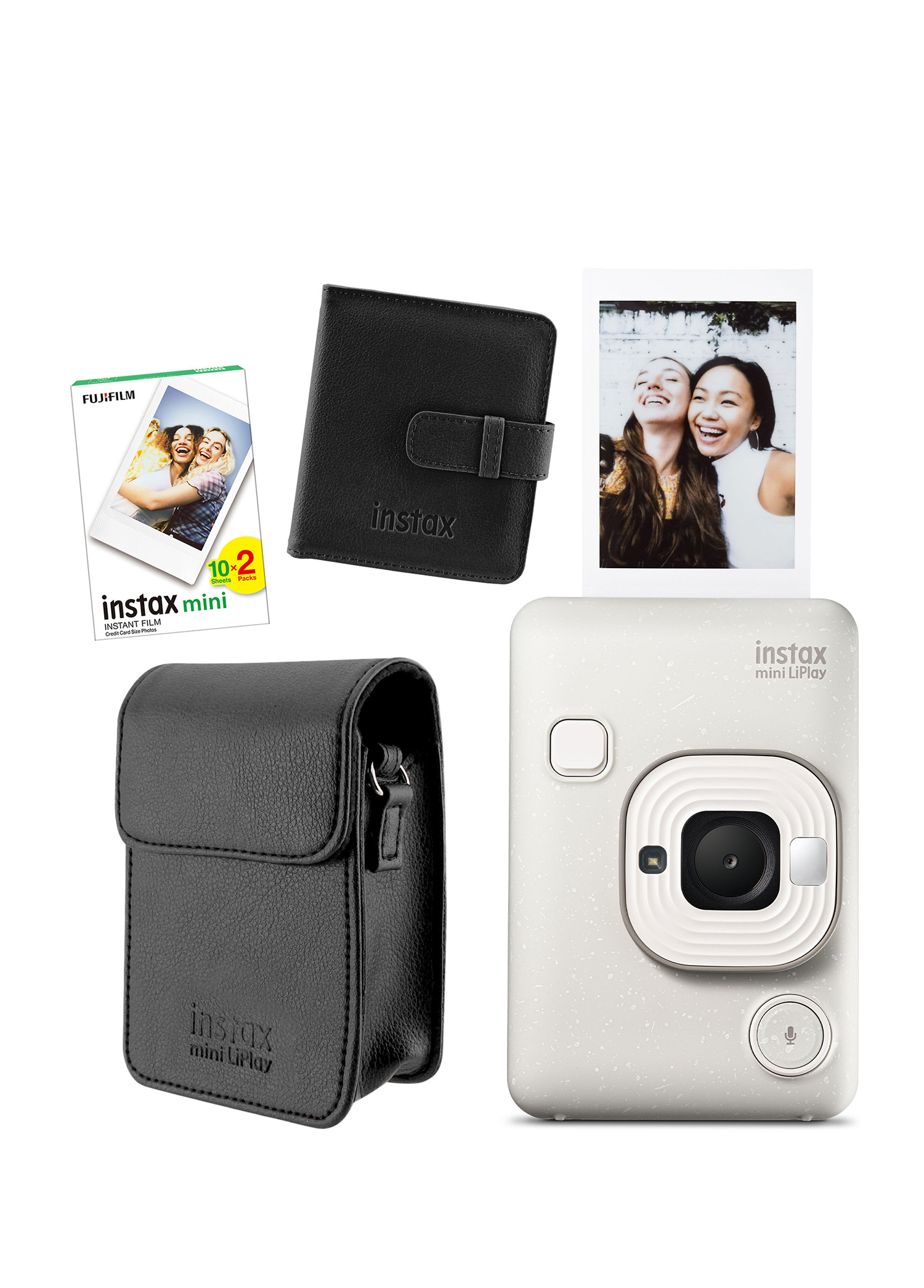 Instax Mini LiPlay Hybrid Misty White Fotoğraf Makinesi + 20'li Film Albüm ve Deri Kılıf Hediye Seti