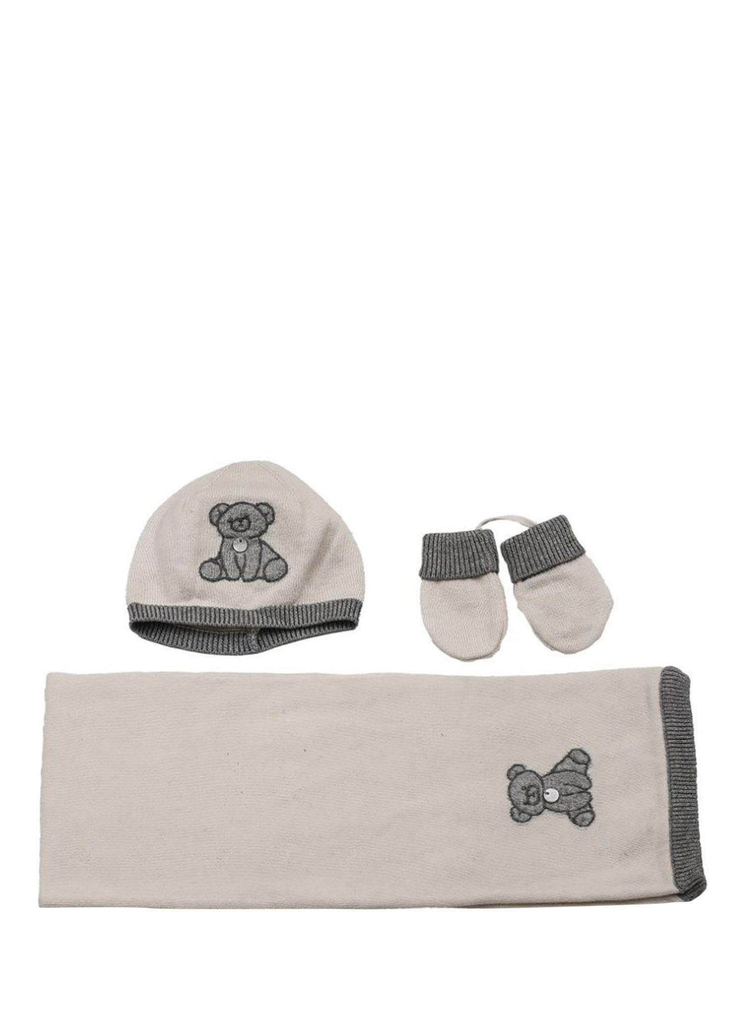 Ekru Polar Ayıcıklı Unisex Bebek Bere & Atkı & Eldiven 3'lü Set