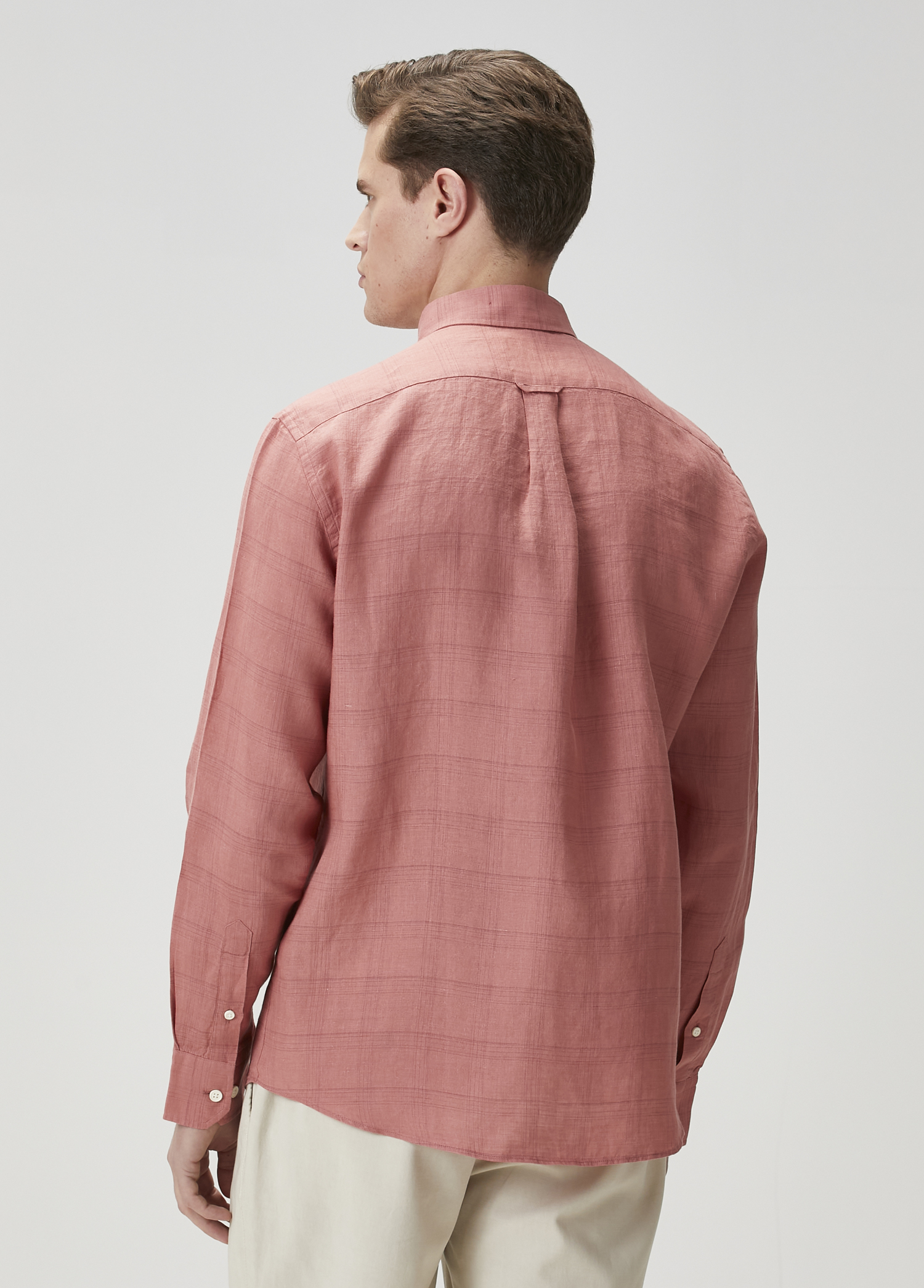 Comfort Fit Koyu Pembe Ekose Desenli Keten Gömlek_4