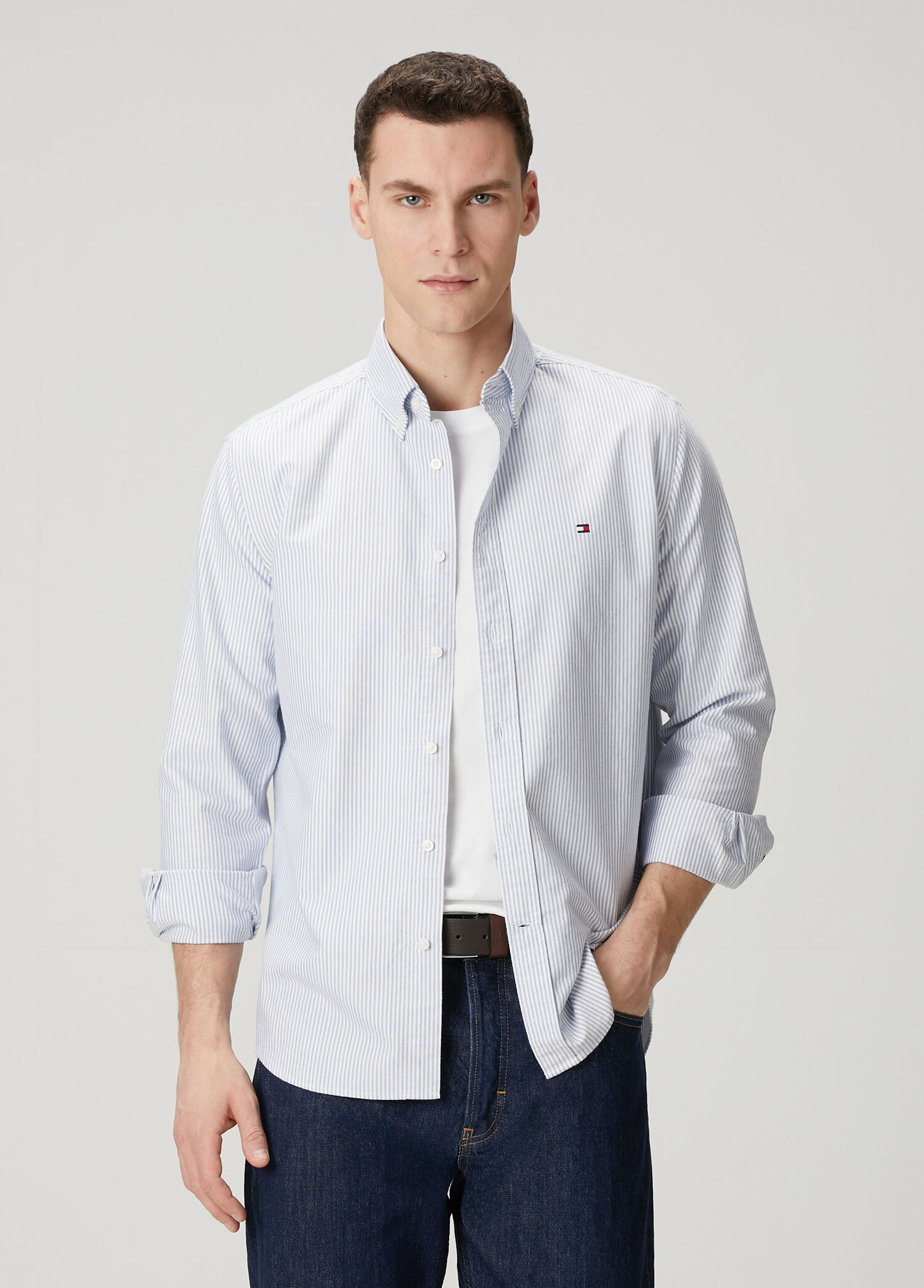 Regular Fit Mavi Çizgi Desenli Oxford Gömlek