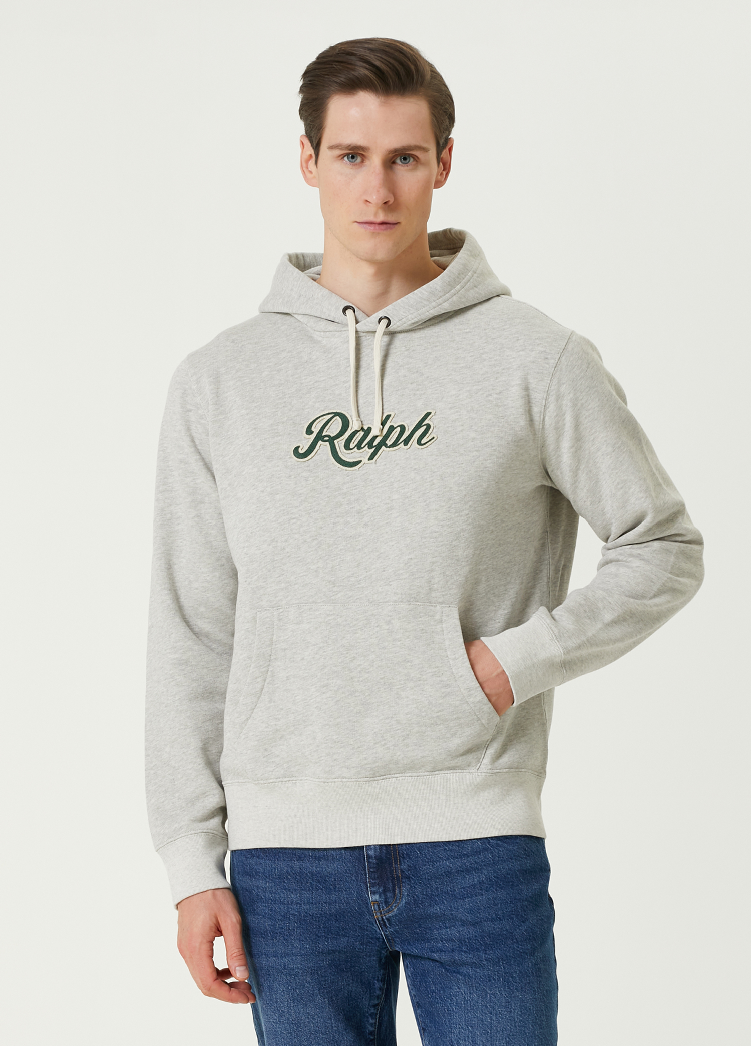 Gri Kapüşonlu Logo Nakışlı Sweatshirt