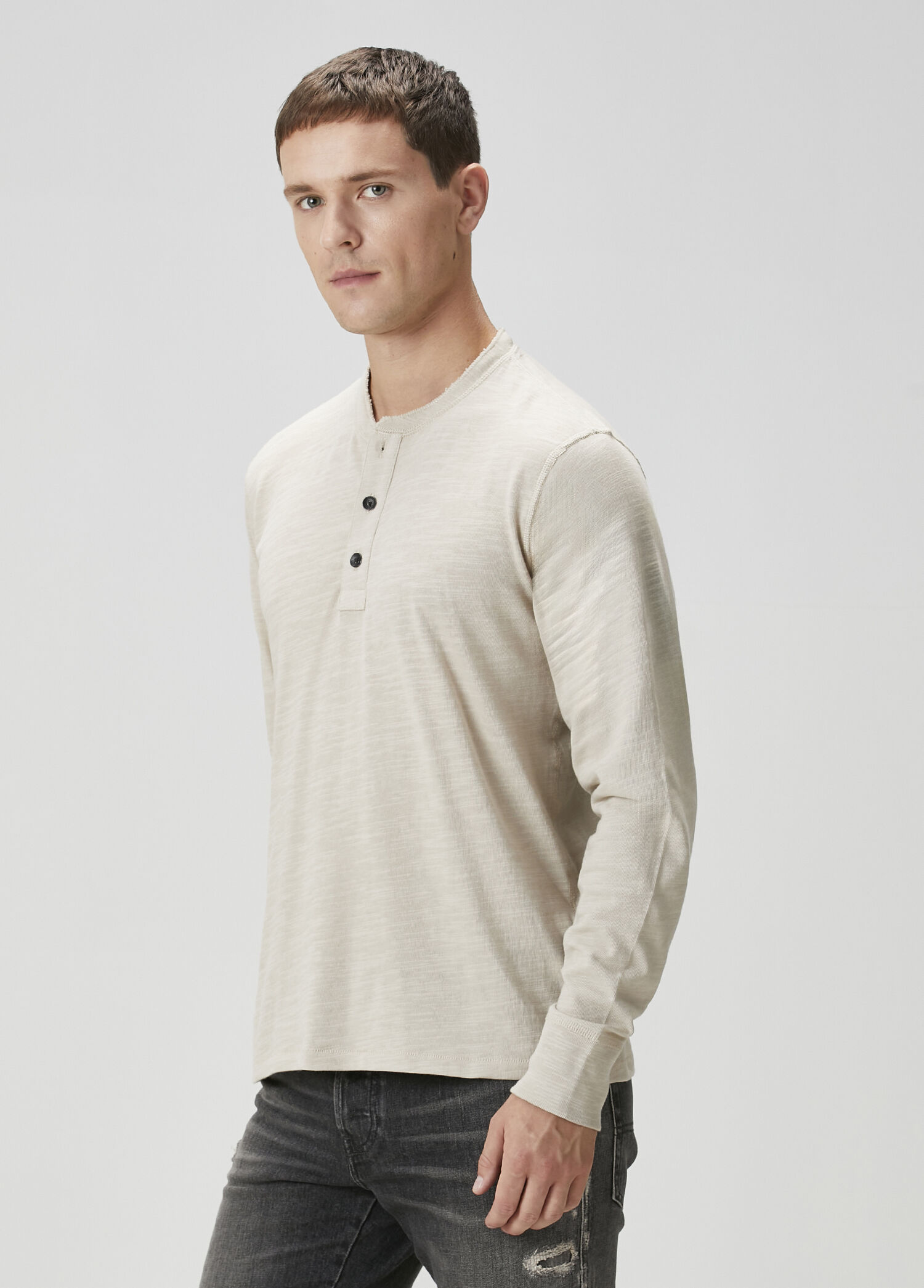 Rag&Bone - Henley Krem Yakası Düğmeli Uzun Kollu T-shirt - Krem