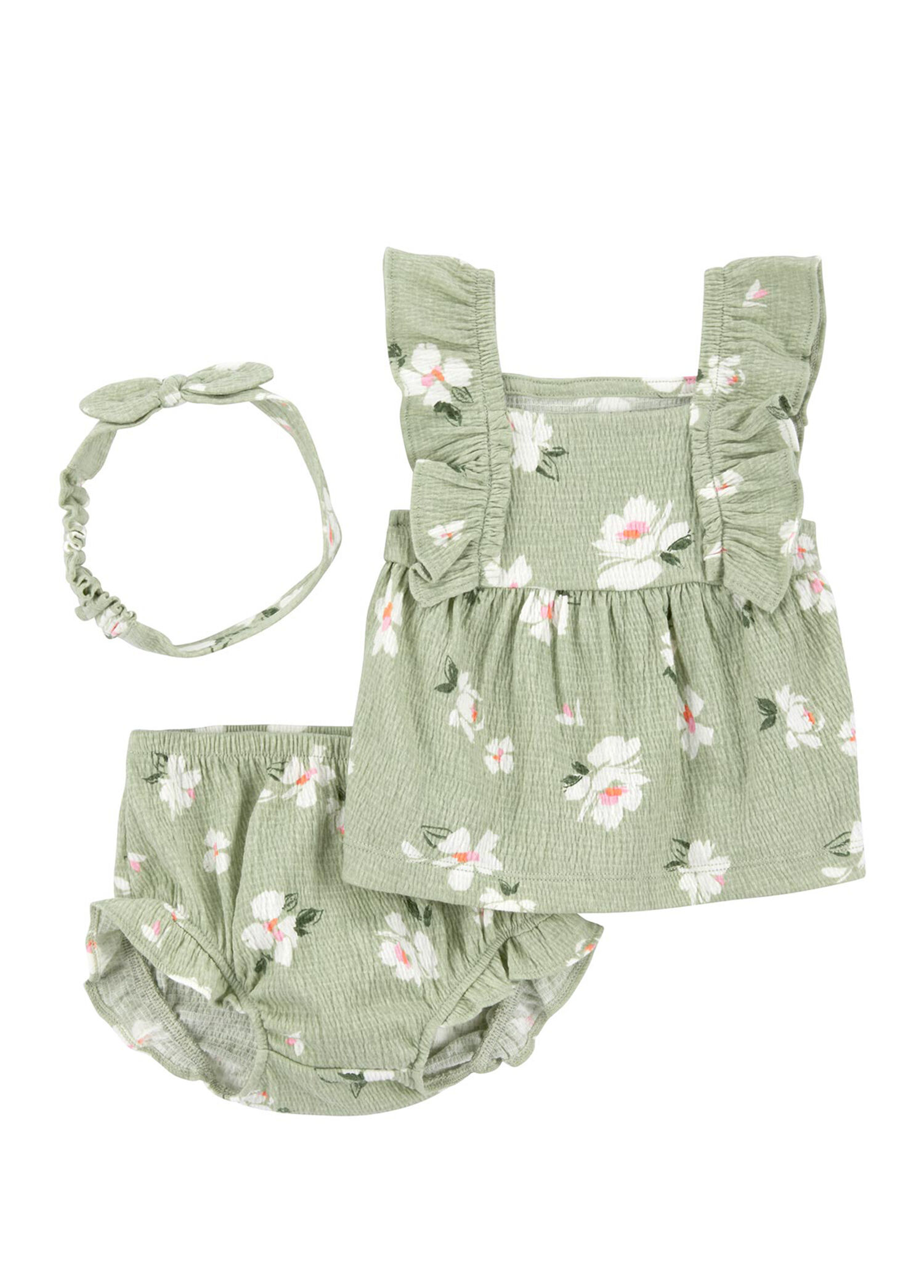 Yeşil Çiçek Desenli Müslin Bluz Şort Bandana Kız Bebek 3'lü Set