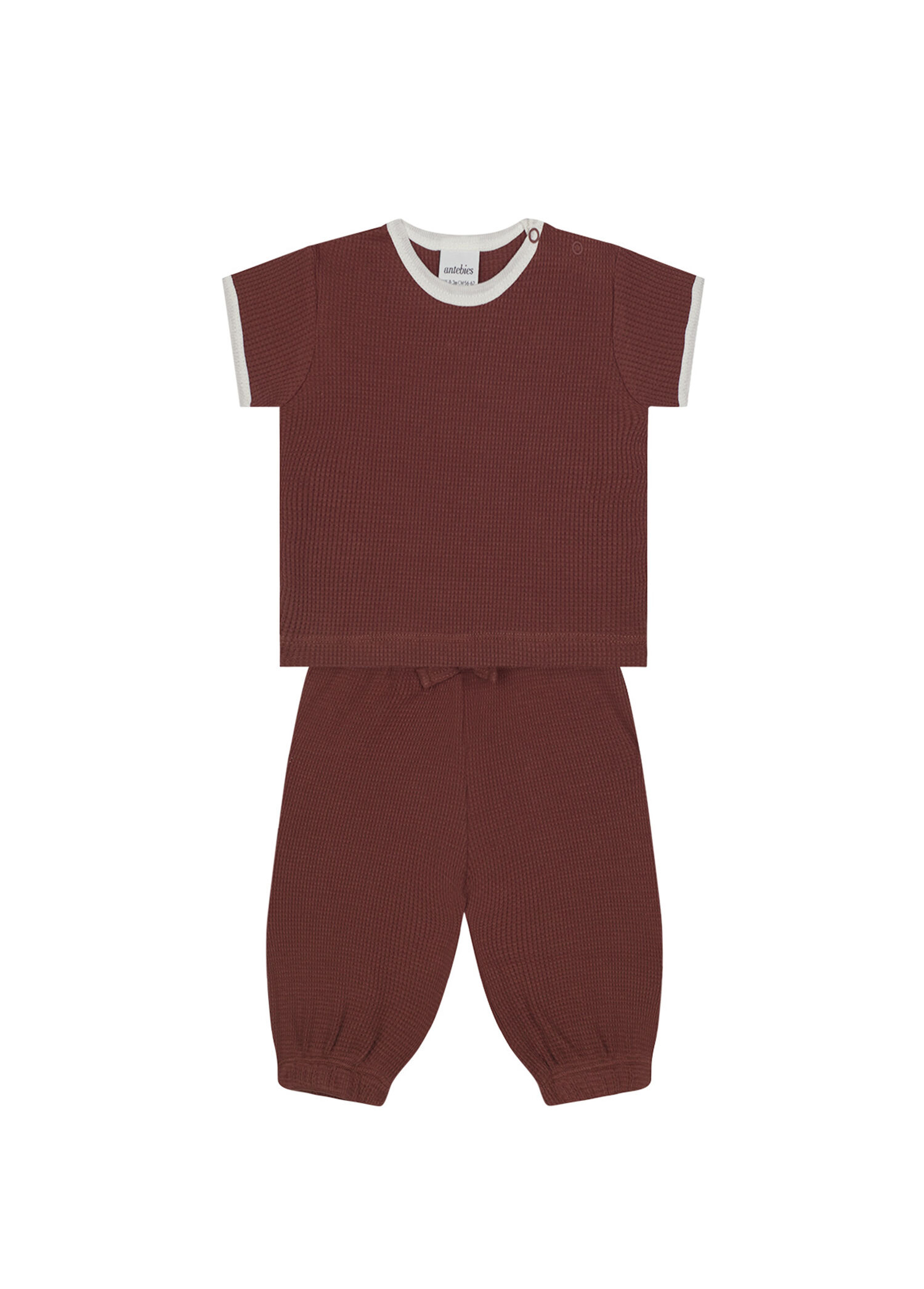 Beyaz Detaylı Kiremit Waffle Kısa Kollu T-Shirt Pantolon Unisex Bebek 2'li Set