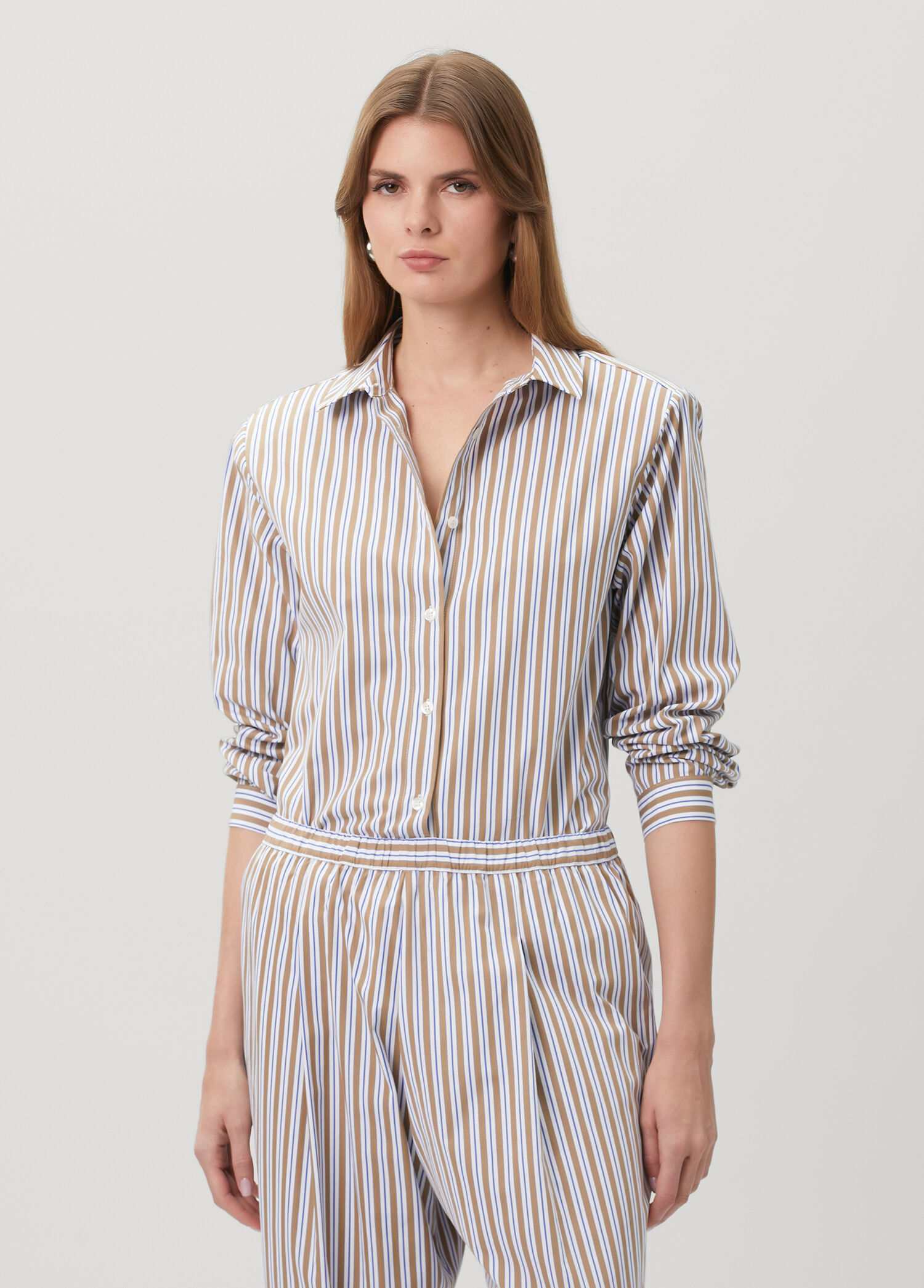 Kahverengi Çizgili Vatkalı Oversize Poplin Gömlek