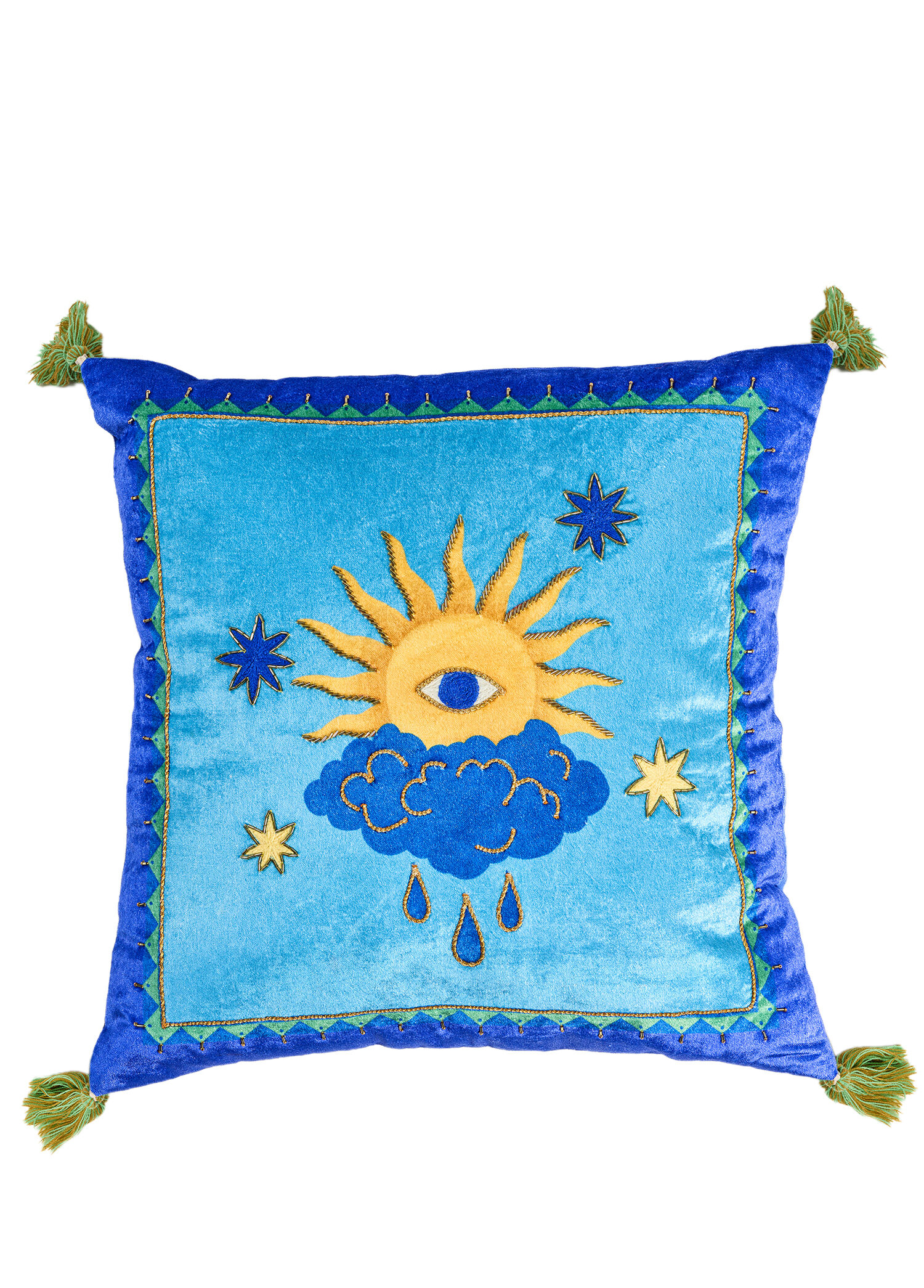 Ghuni Püsküllü Nakışlı Mavi Dolgulu Kırlent 50 x 50 cm