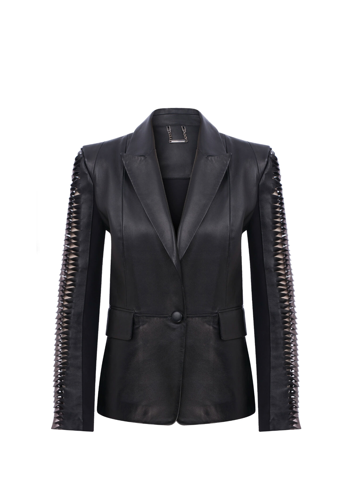 Siyah Deri Lazer Kesim Detaylı Kadın Blazer Ceket