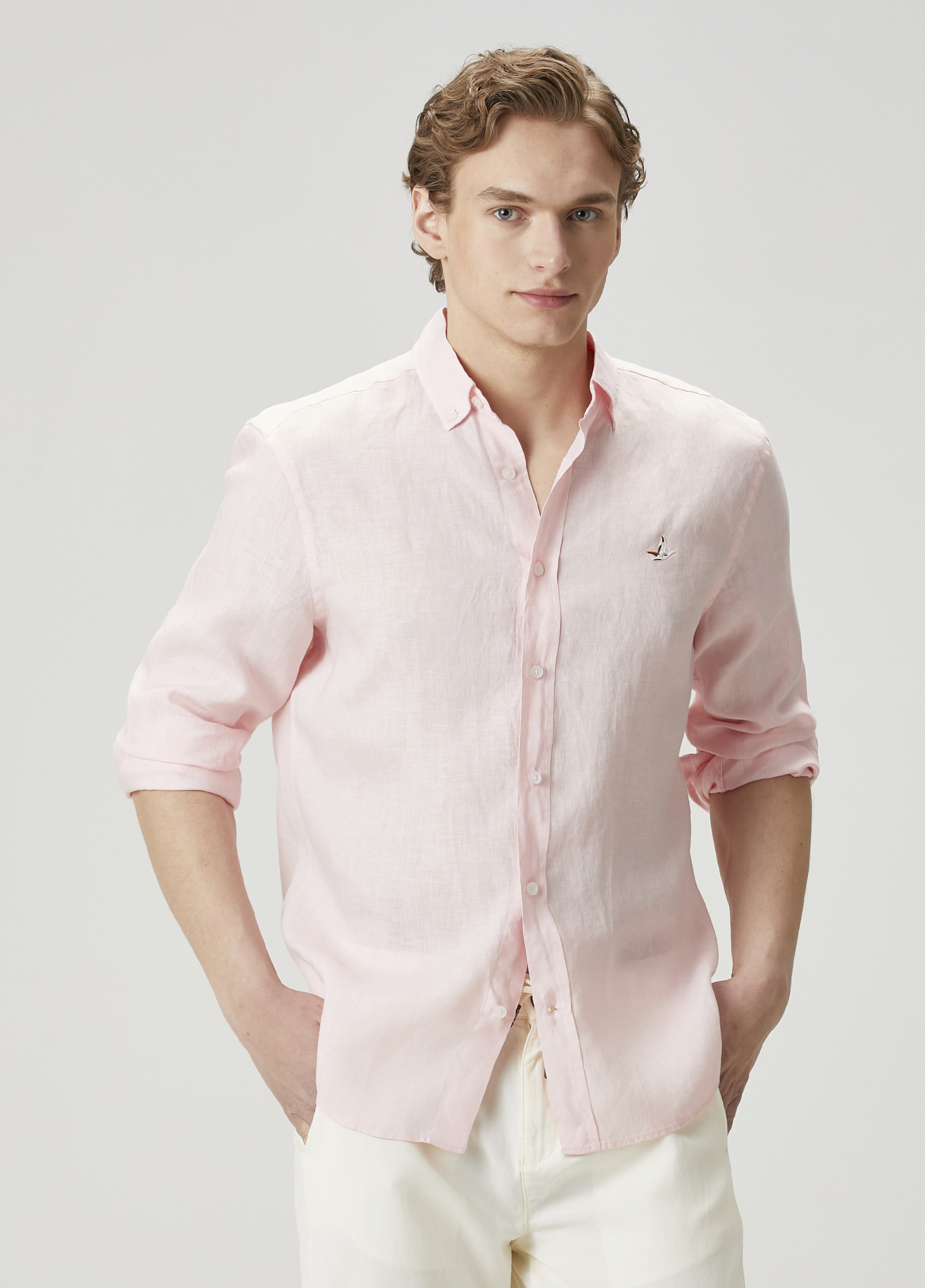 Comfort Fit Açık Pembe Keten Gömlek