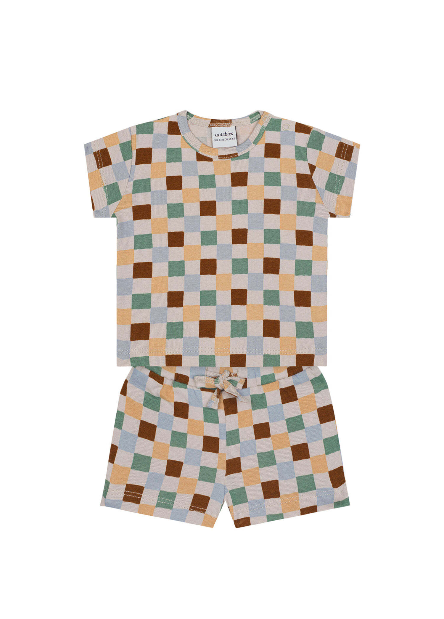 Bej Pastel Damalar Kısa Kollu T-Shirt Şort Unisex Bebek 2'li Set
