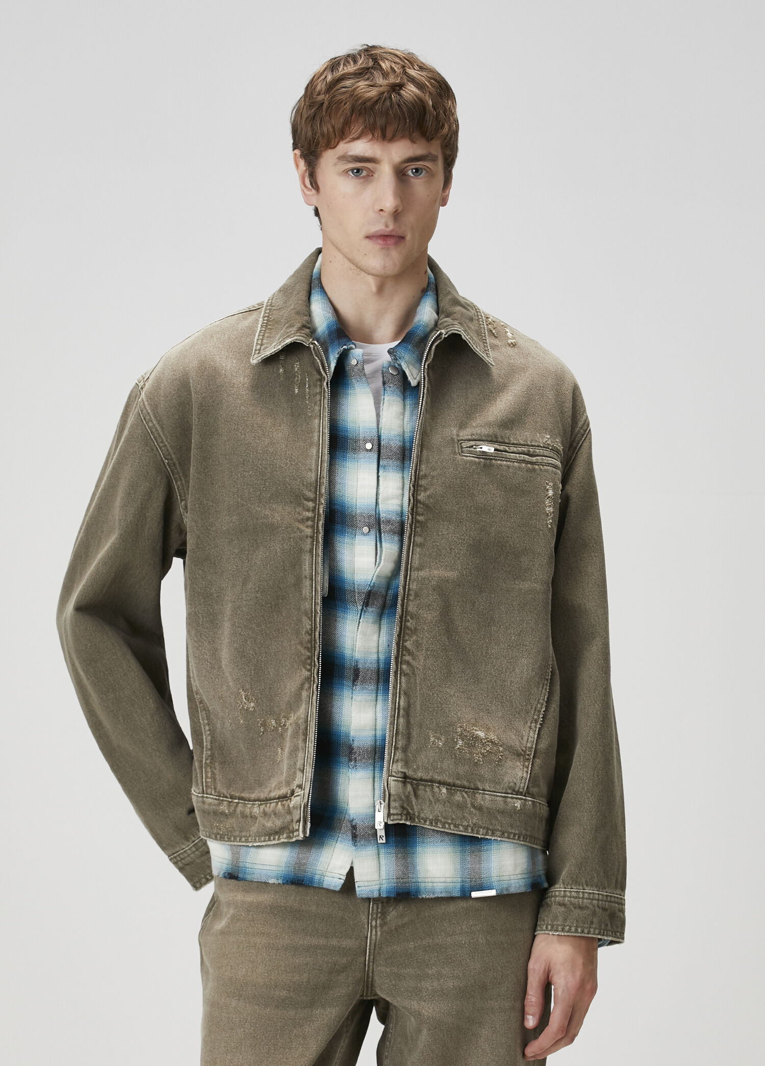Açık Haki Yıpratma Detaylı Denim Ceket