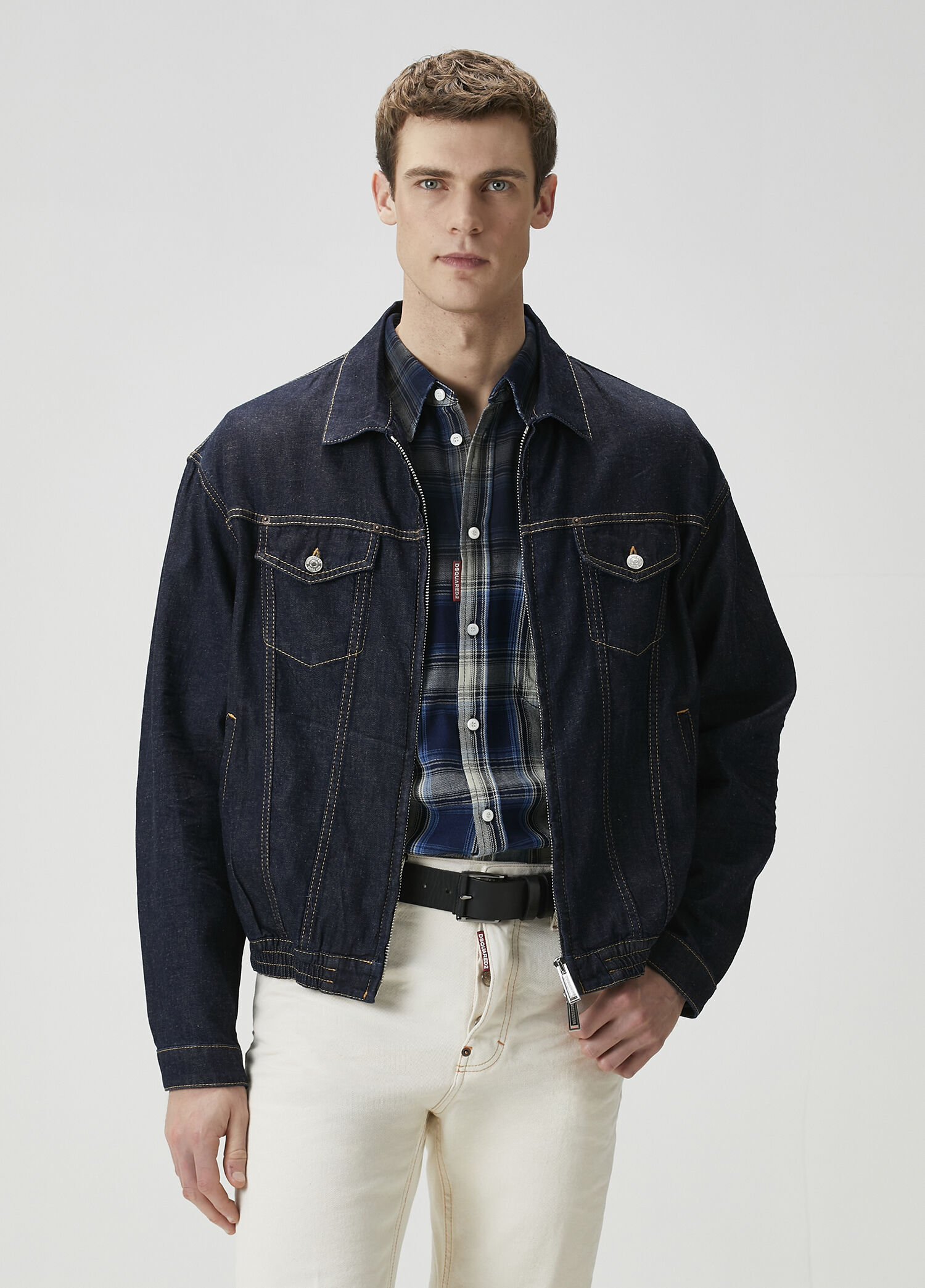 Lacivert Kontrast Dikişli Denim Ceket