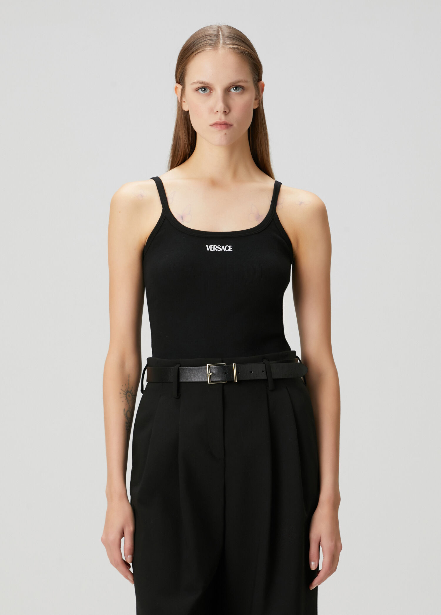 Black Logo Embroidered Rib Tank Top