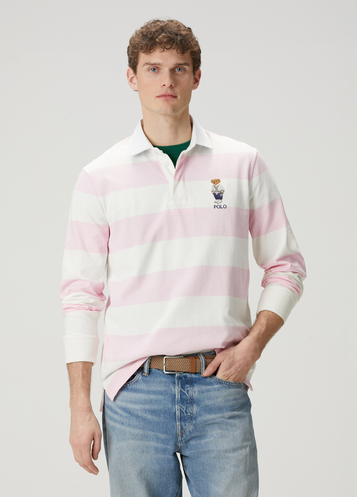 Pembe Beyaz Polo Yaka Çizgi Desenli Sweatshirt