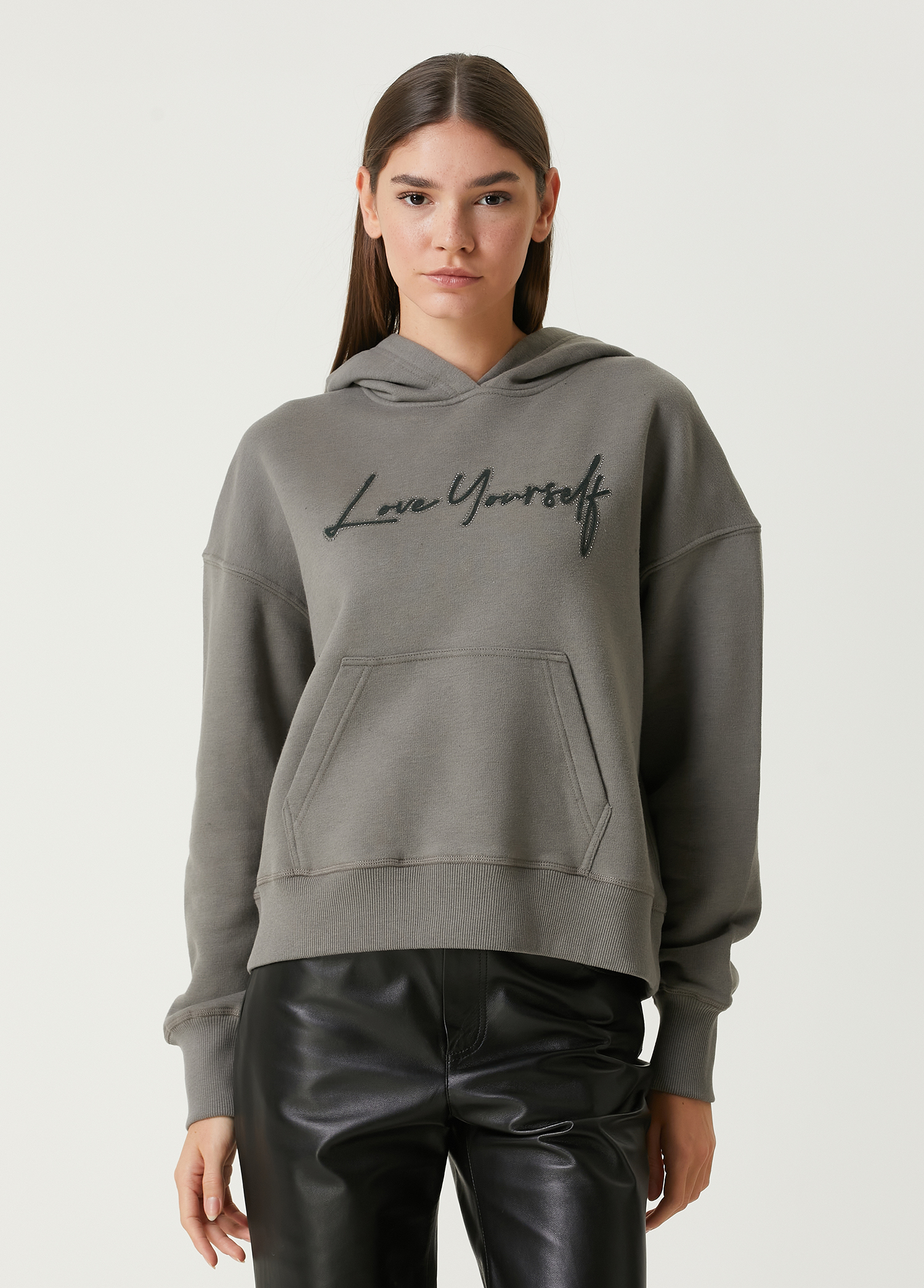 Mia Love Yourself Gri Kapüşonlu Sweatshirt