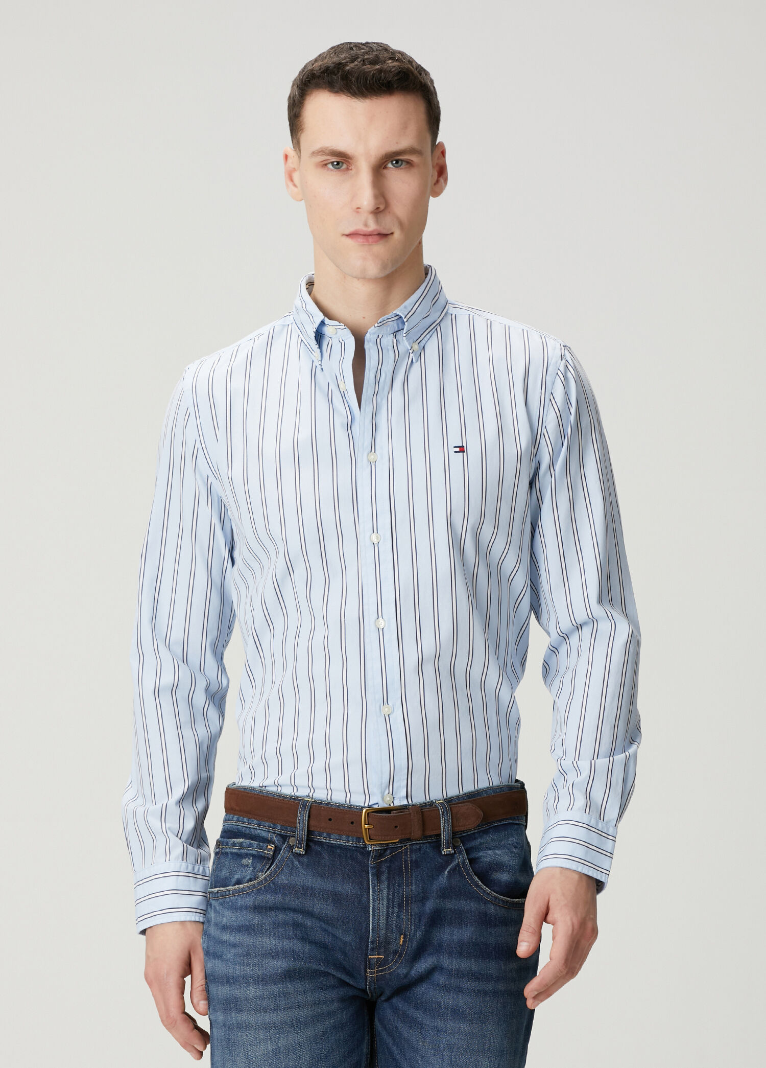 Regular Fit Mavi Çizgi Desenli Poplin Gömlek