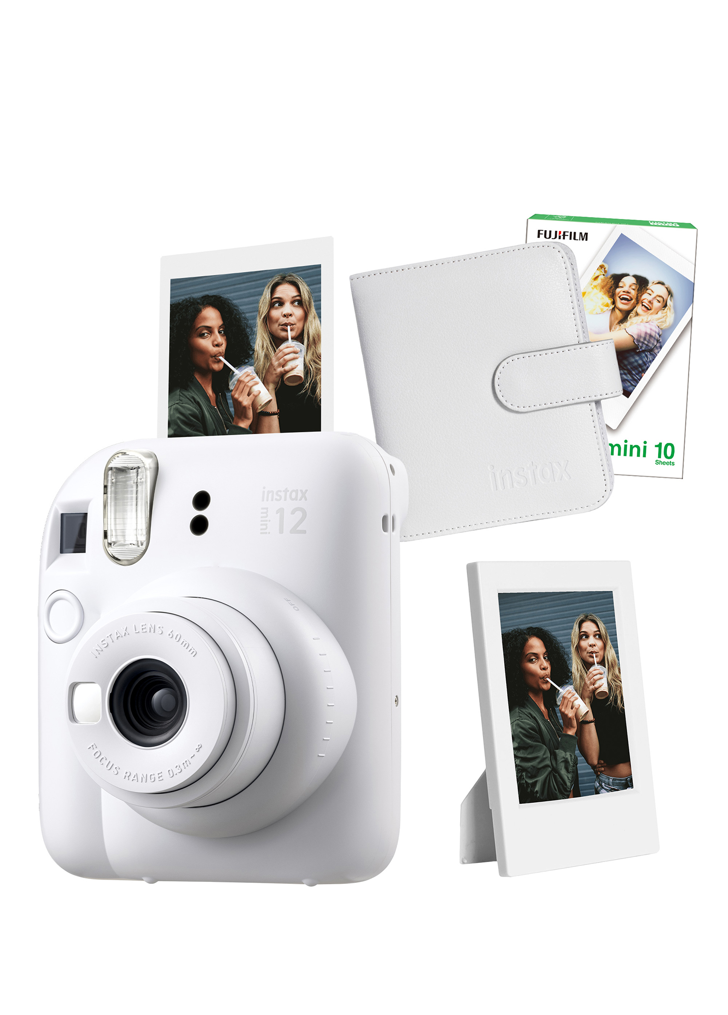 Instax Mini 12 Beyaz Fotoğraf Makinesi + 10'lu Film Çerçeve ve Kare Albüm Seti