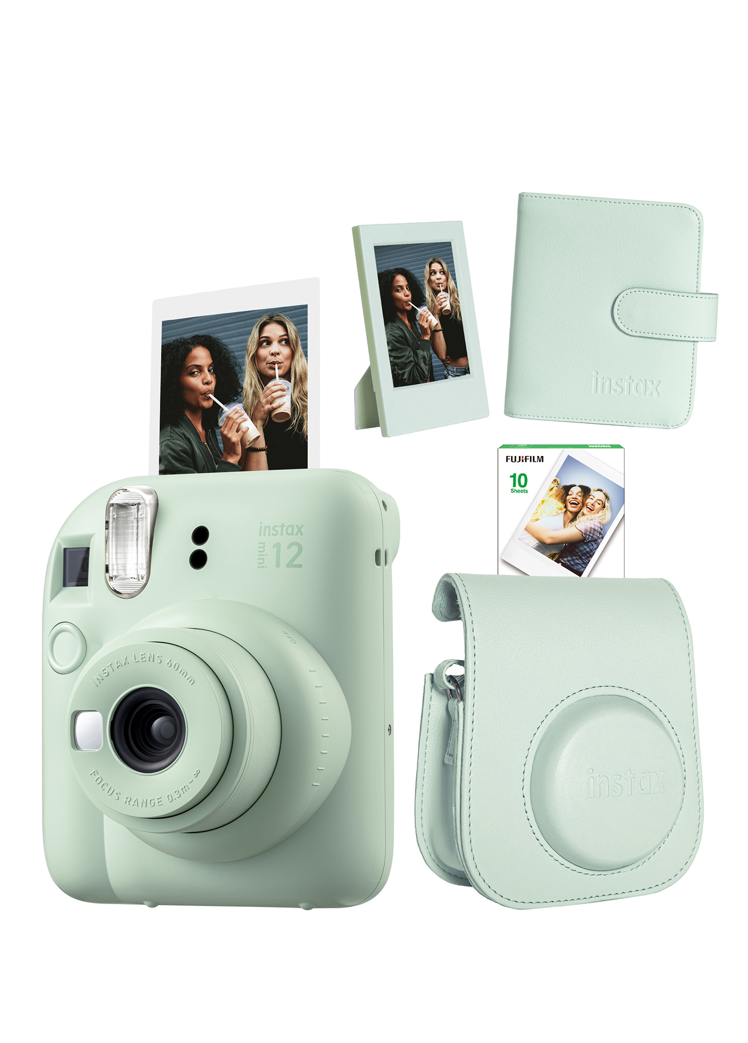 Instax Mini 12 Yeşil Fotoğraf Makinesi + 10'lu Film Çerçeve Kare Albüm ve Deri Kılıf Seti