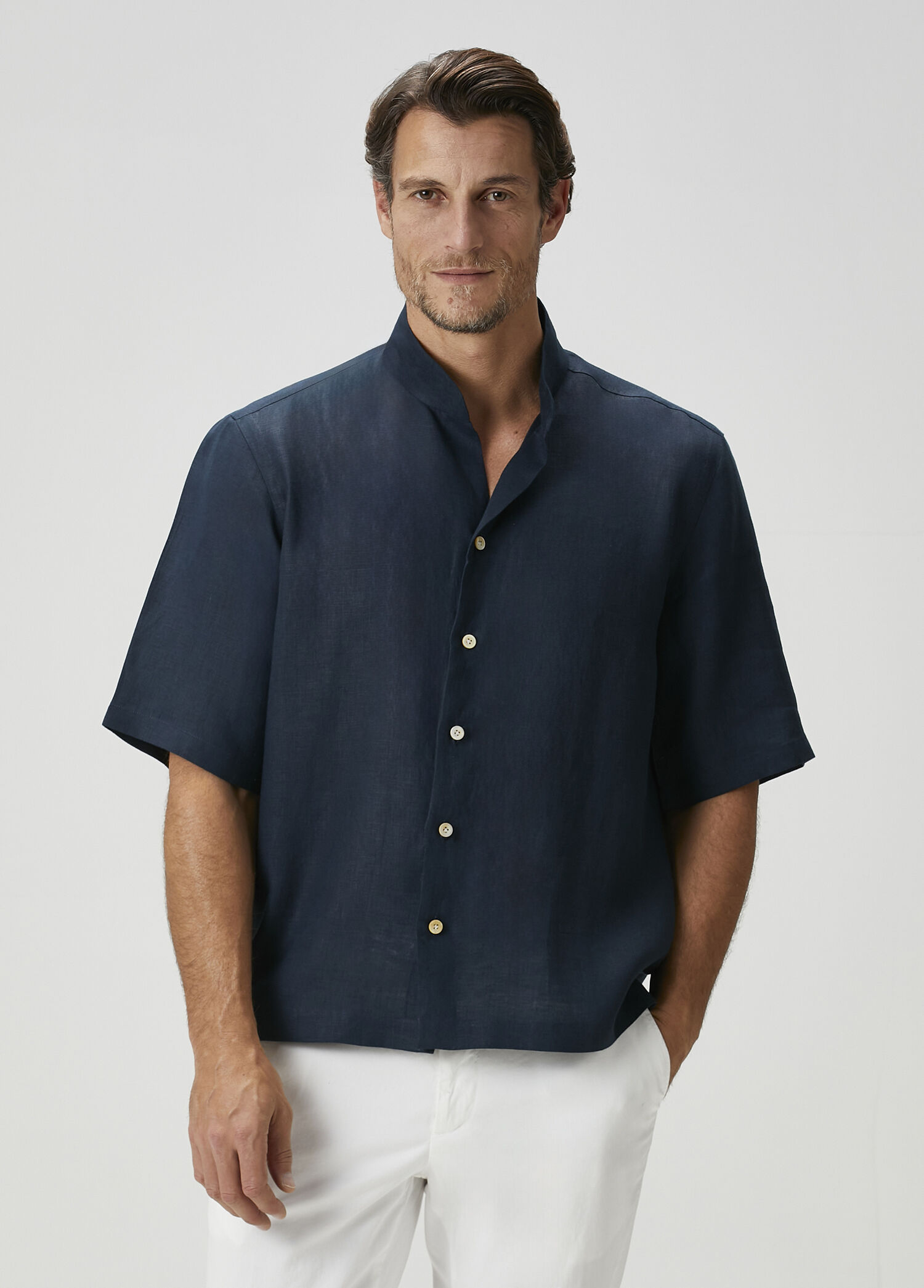 Navy Blue Short Sleeve Linen Shirt