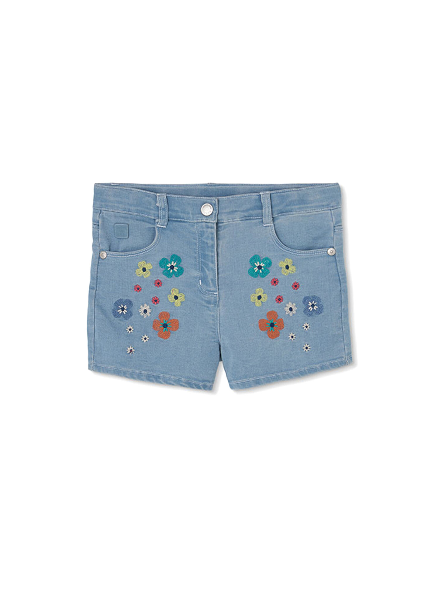 Mavi Denim Çiçek Nakışlı Kız Çocuk Şort