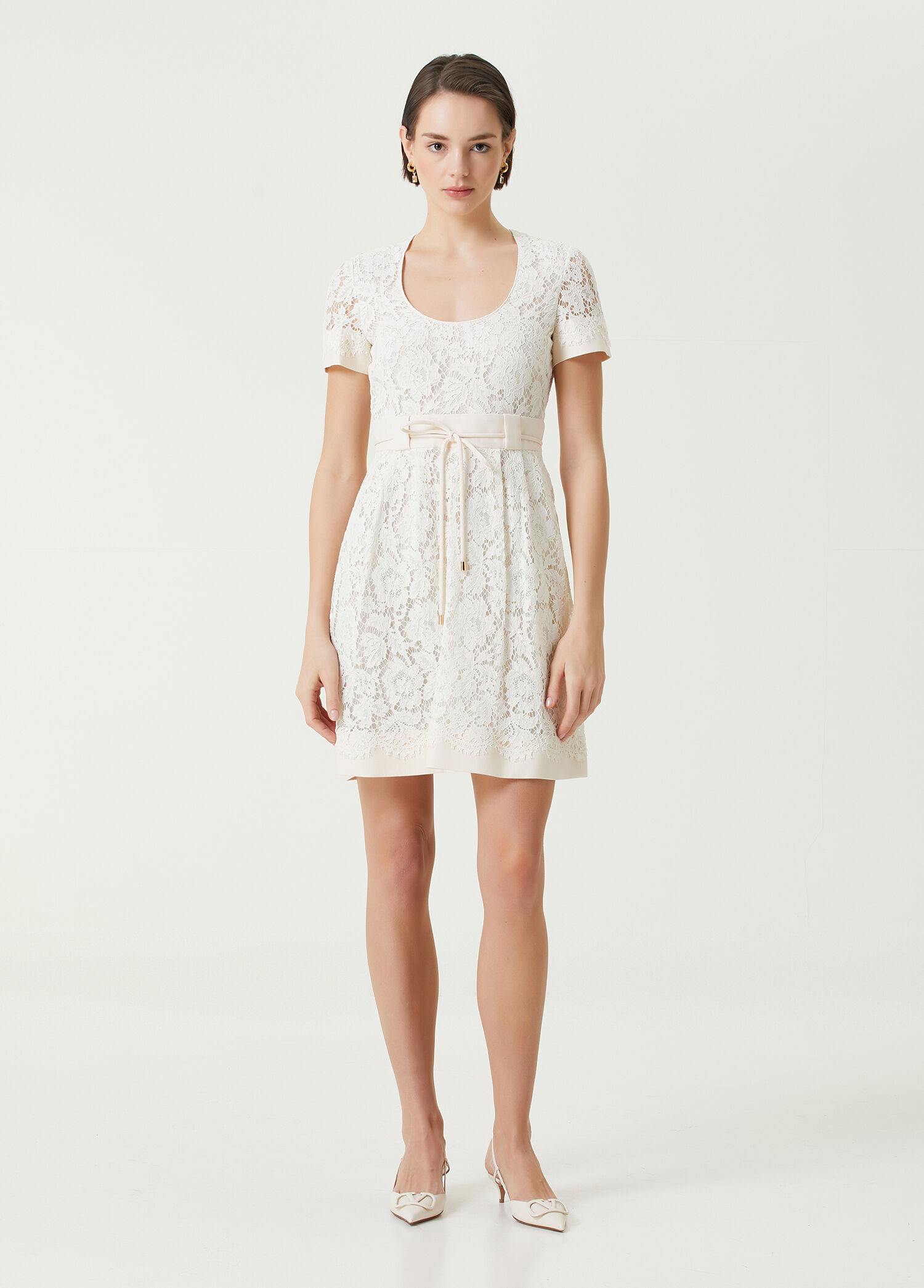 Clémence Beyaz Tül Panelli Dantelli Mini Elbise
