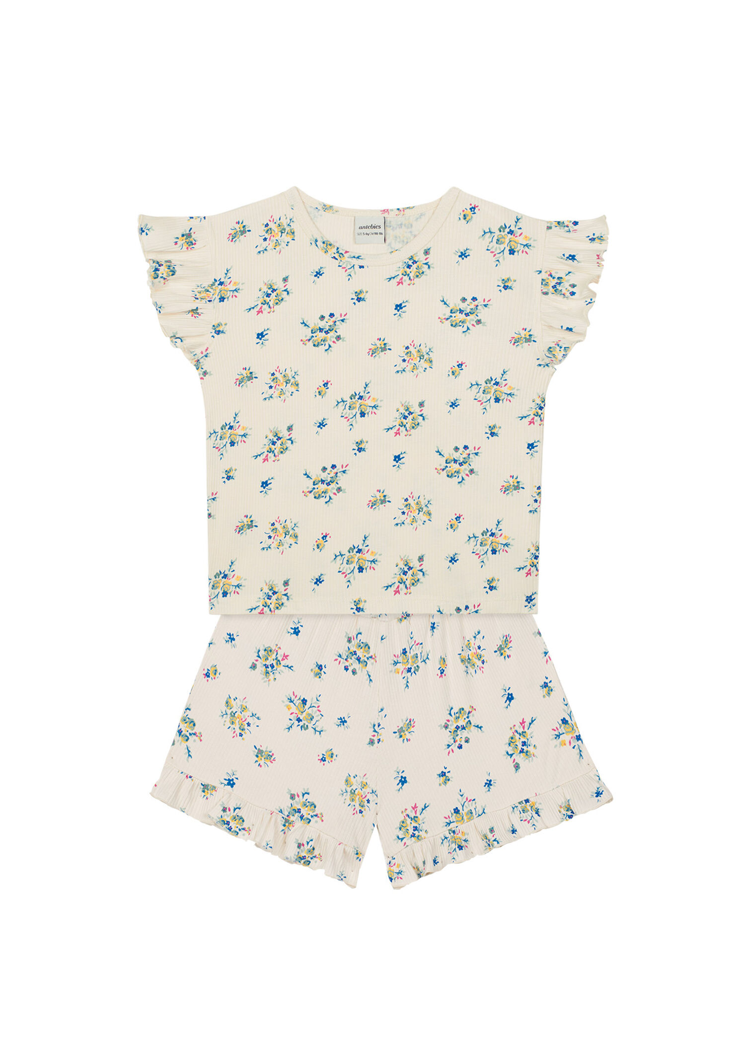 Minik Çiçekler Desenli Bej Kısa Kollu T-shirt ve Şort Kız Çocuk Pijama Takım