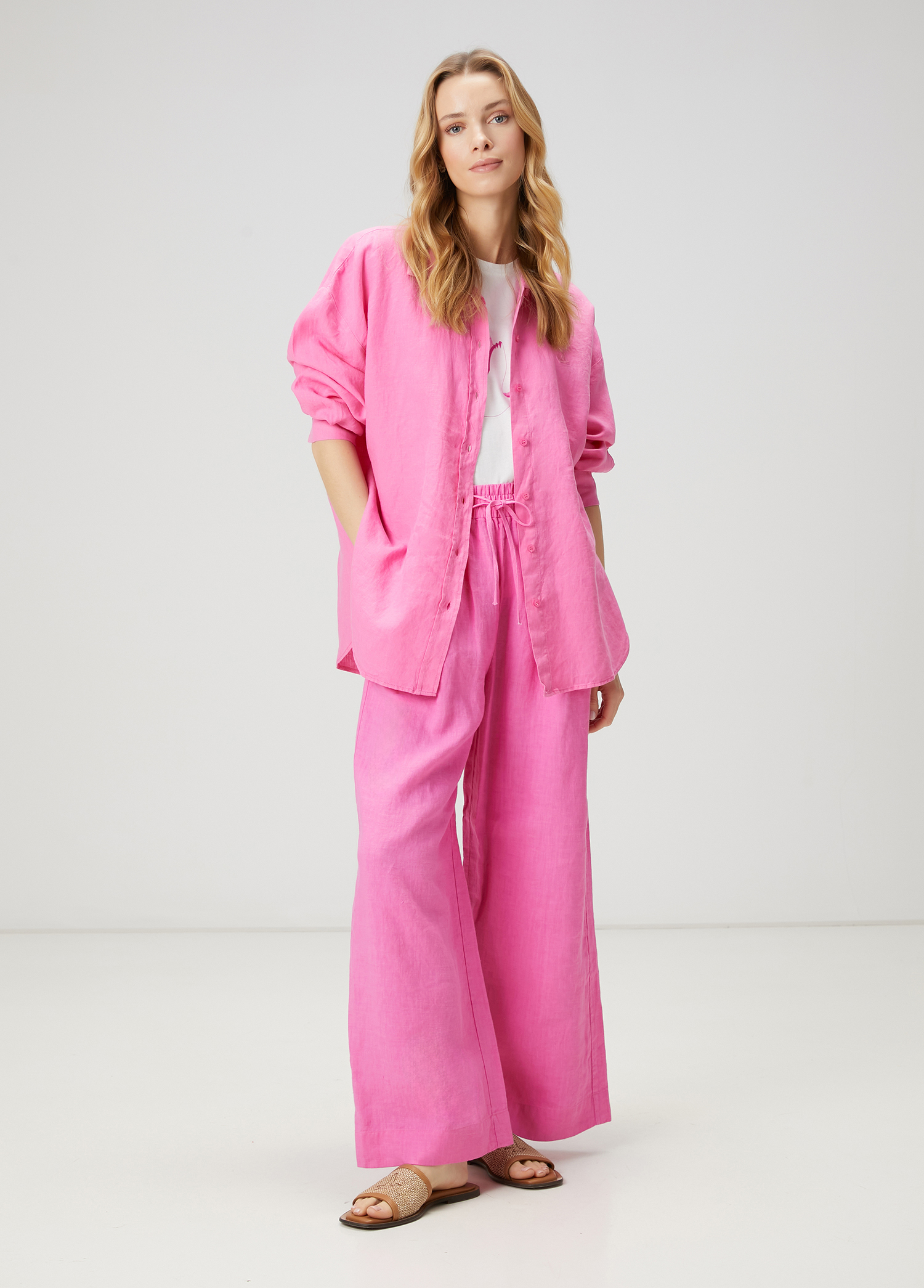 Oversize Pembe Keten Gömlek_2