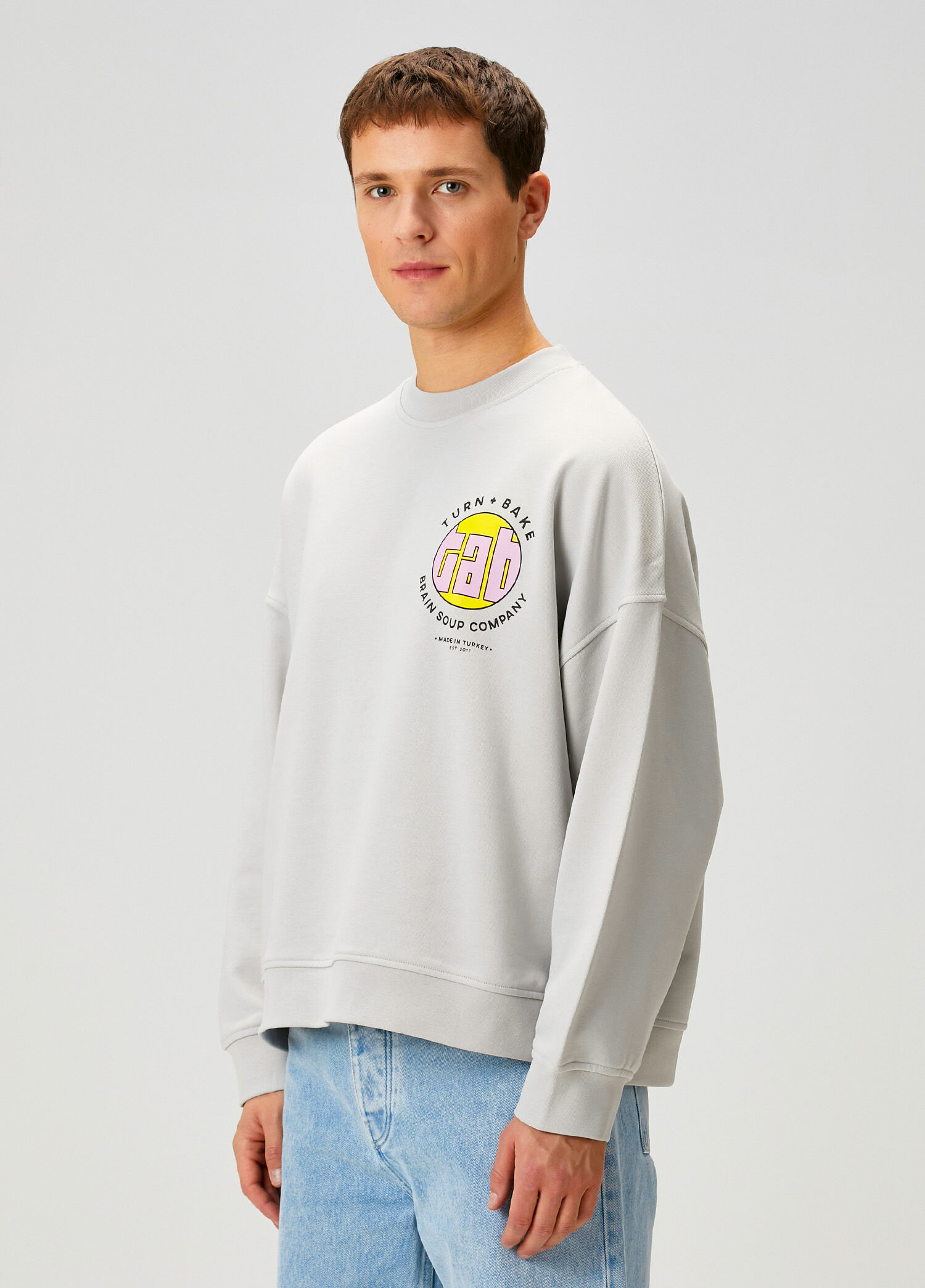 Brain Soup Gri Baskılı Uzun Kollu Erkek Sweatshirt
