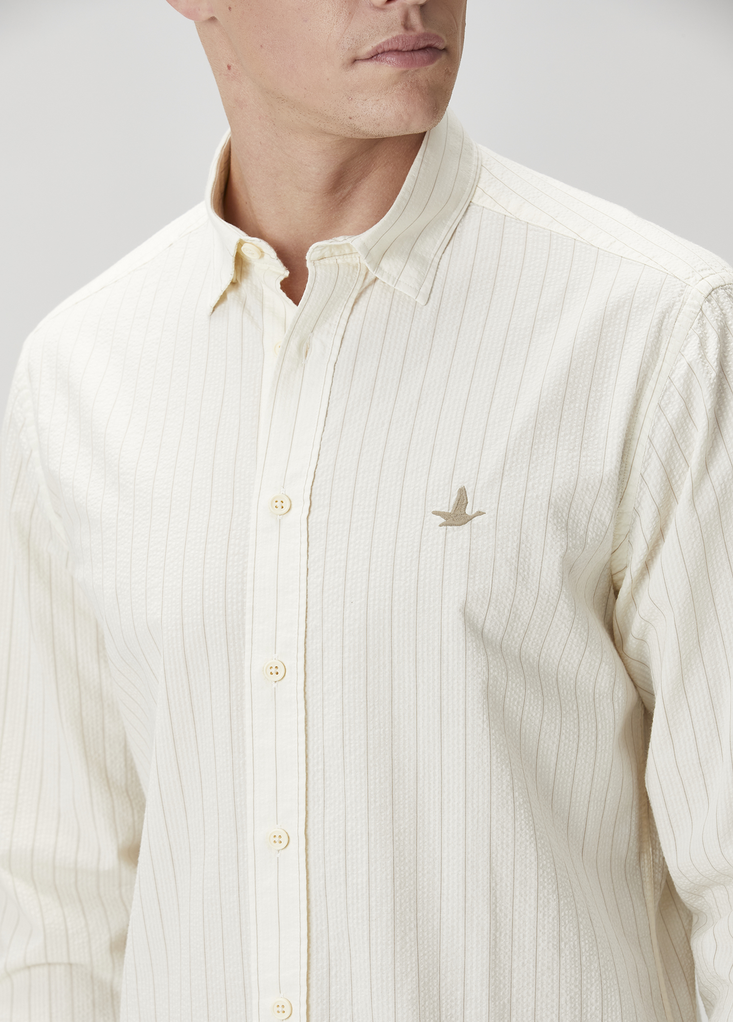 Slim Fit Krem Çizgili Gömlek_5