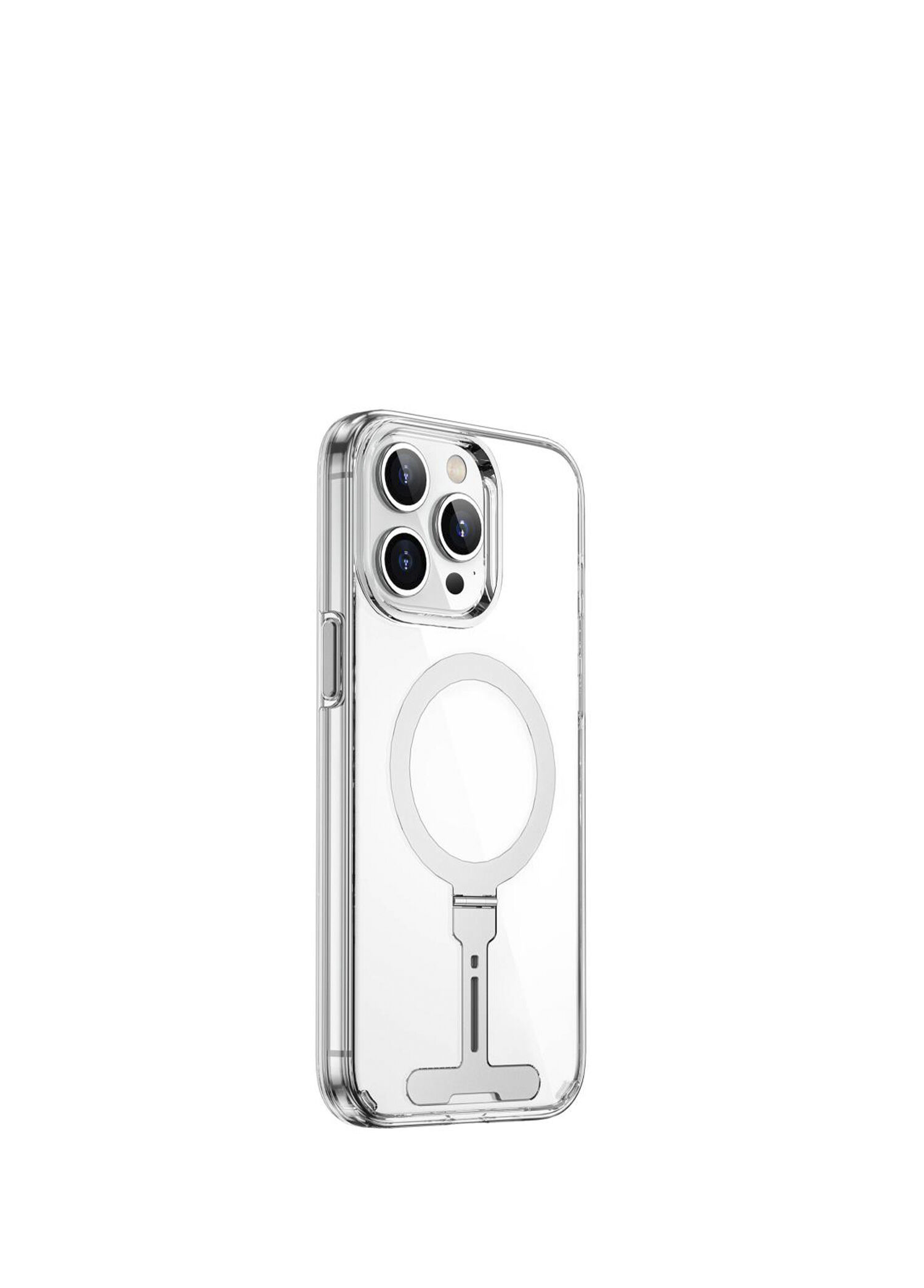 FYY-014 iPhone 15 Pro Max Magsafe Uyumlu Alüminyum Standlı Şeffaf Telefon Kılıfı