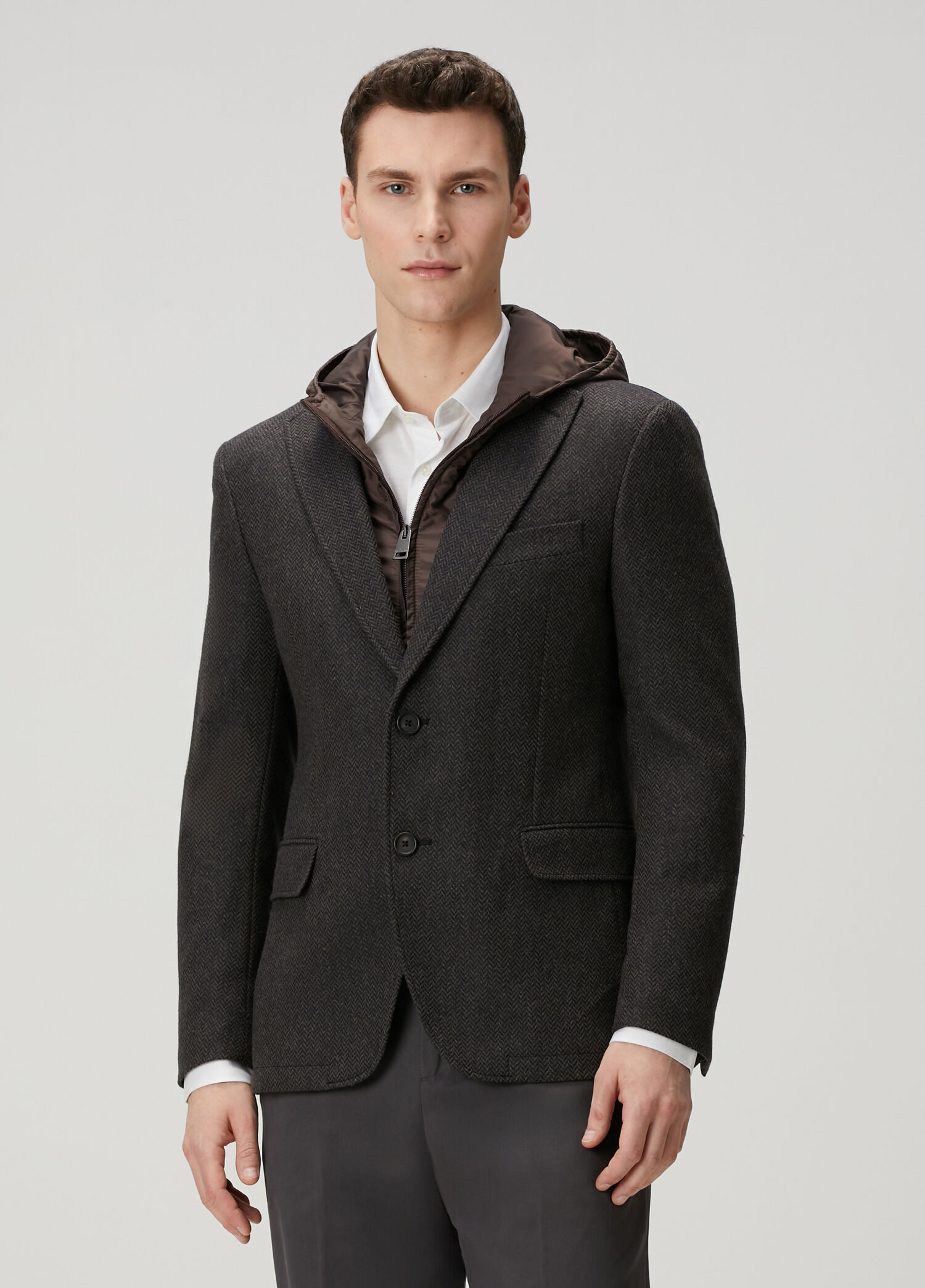 Brown Inner Collar Detail Plaid Wool Jacket