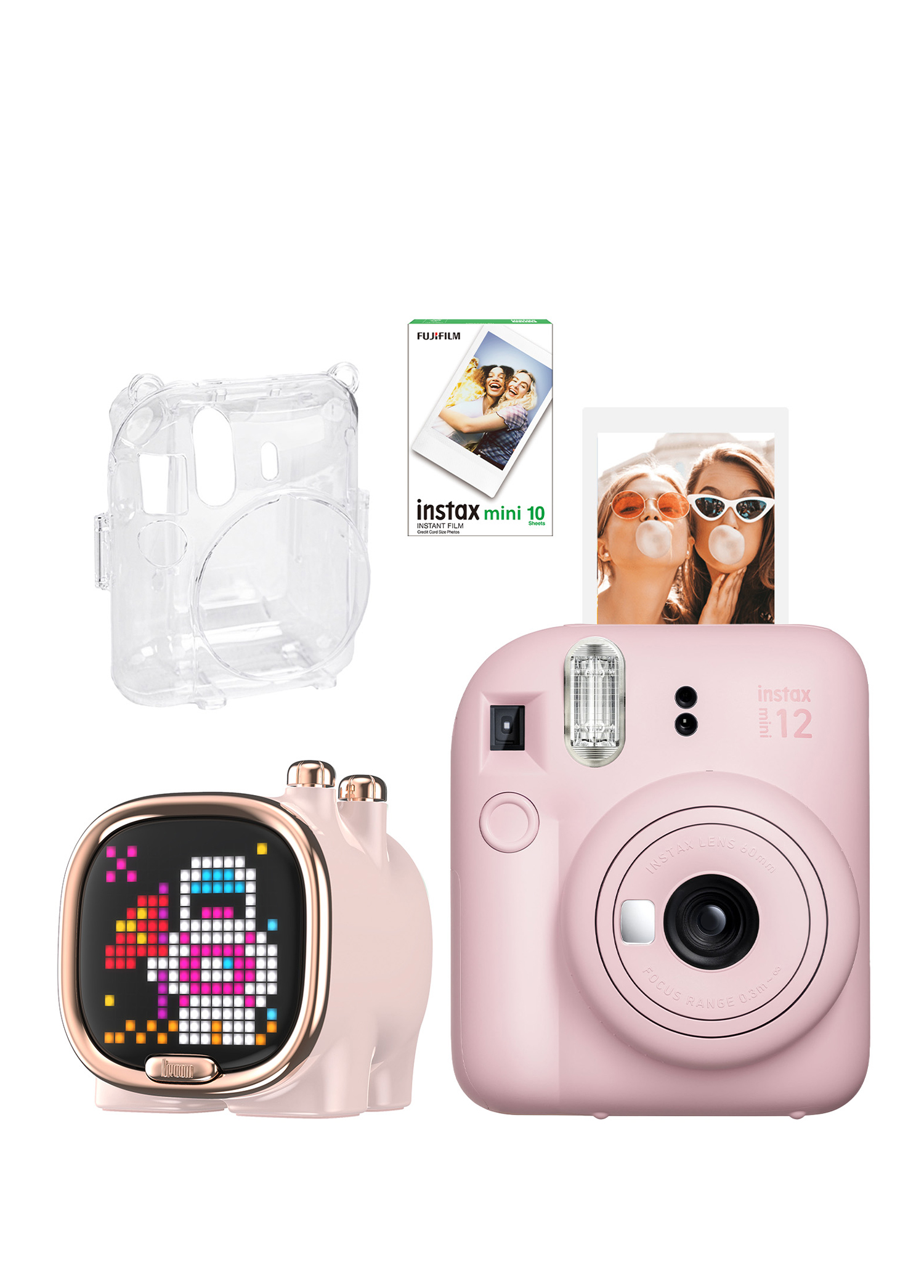 Instax Mini 12 Pembe Fotoğraf Makinesi + 10'lu Film Şeffaf Kılıf ve Divoom Zooe Led Ekranlı Bluetooth Hoparlör Seti