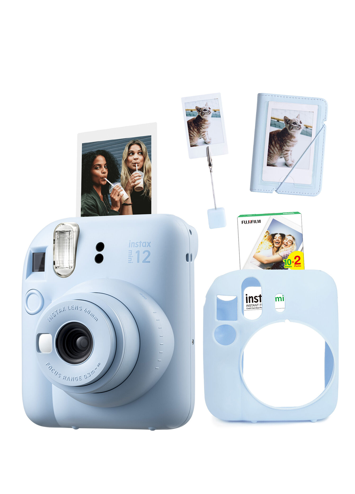 Instax Mini 12 Mavi Fotoğraf Makinesi + 20'li Film Kıskaçlı Stand Mini Albüm ve Silikon Kılıf Seti