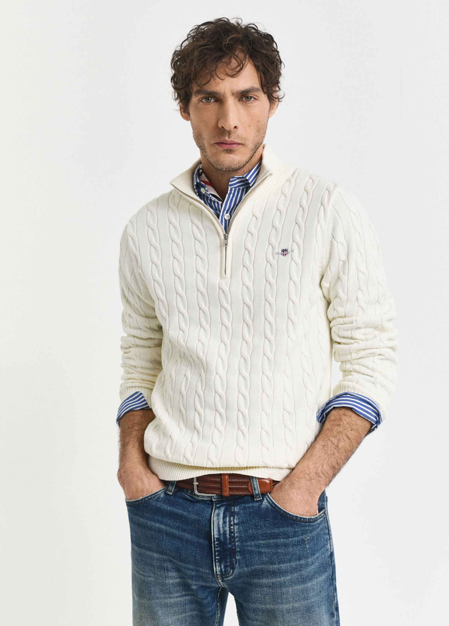 Krem Regular Fit Yarım Fermuarlı Erkek Örgü Kazak