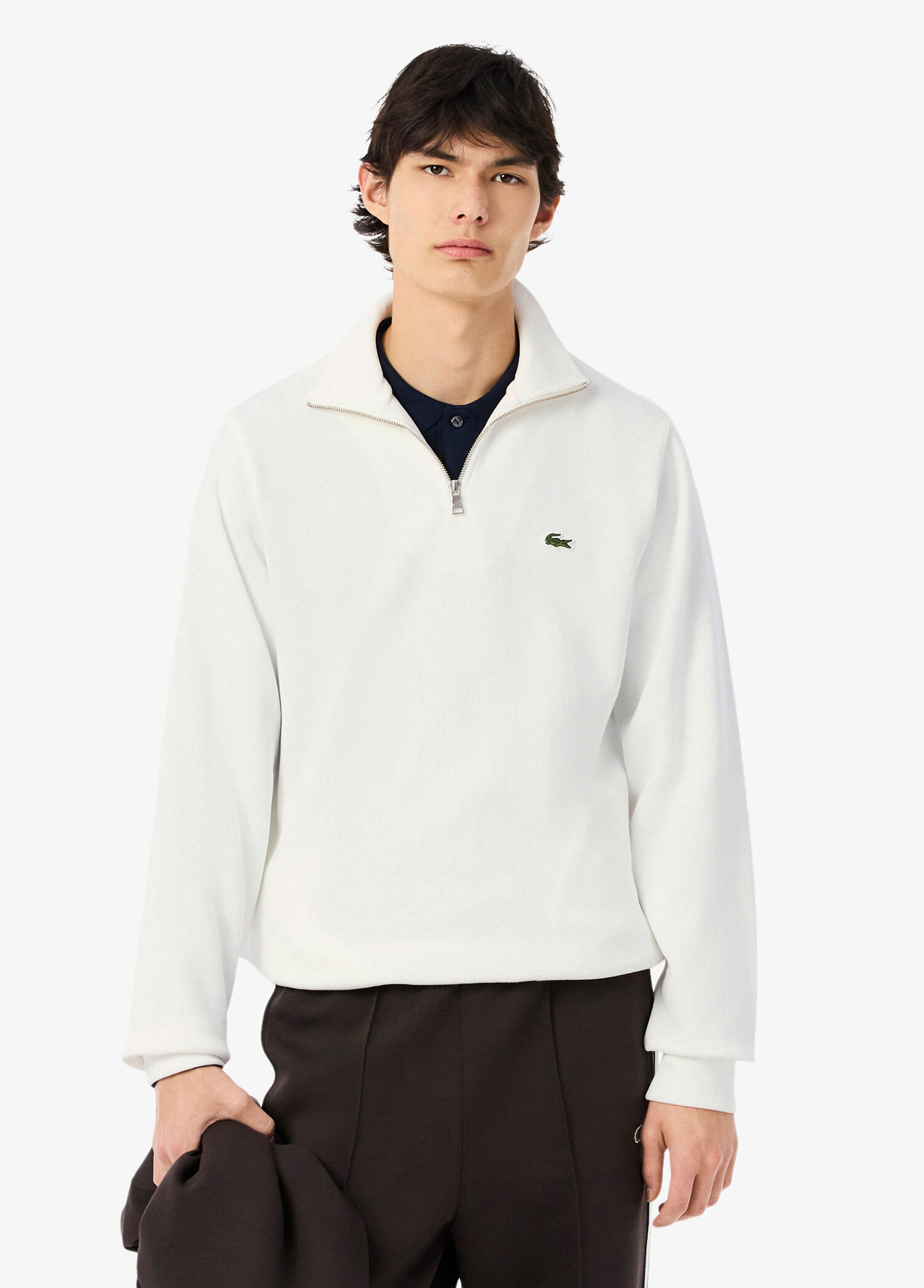 Beyaz Classic Fit Yarım Fermuarlı Erkek Sweatshirt