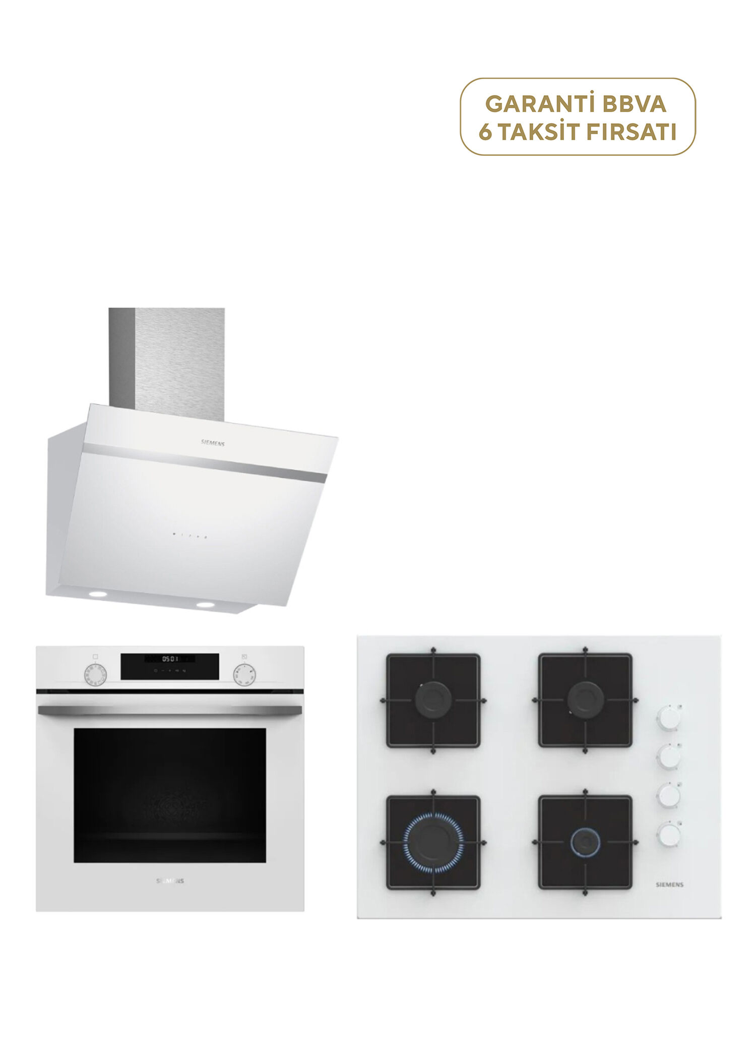 EO7C2PP30O iQ300 Beyaz Sert Cam Gazlı Ocak 67 cm + HU717ABV0T Beyaz Ankastre Fırın + LC66KPJ20T iQ300 Beyaz Cam Yüzey Duvar Tipi Davlumbaz 60 cm
