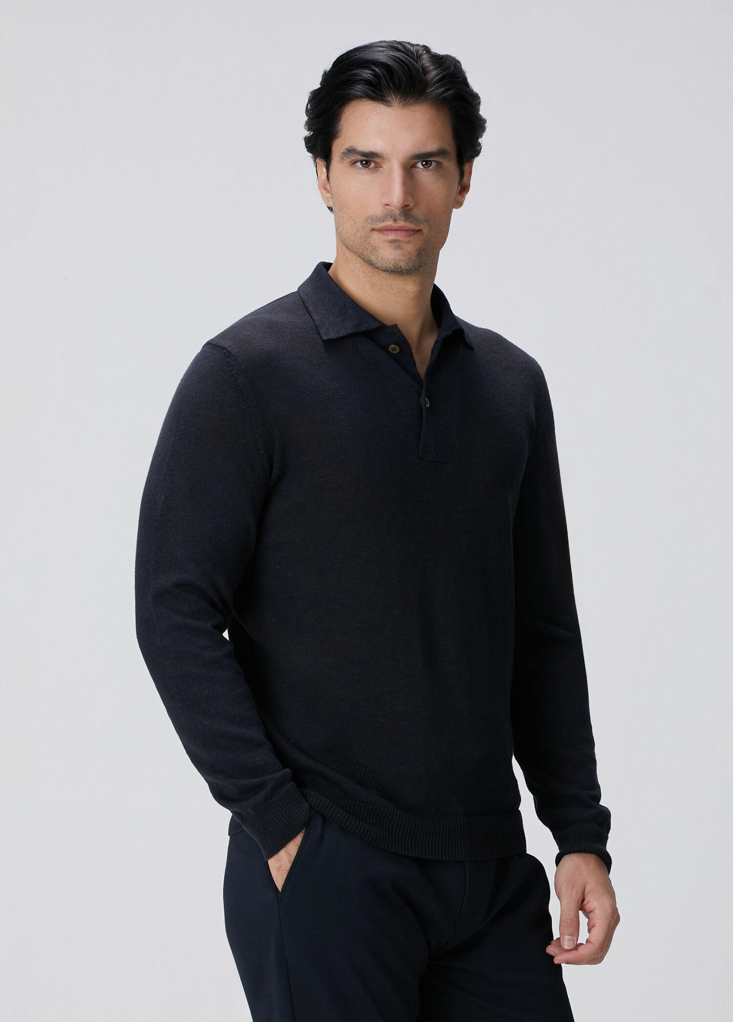 Navy Blue Linen Blend Knit Sweater
