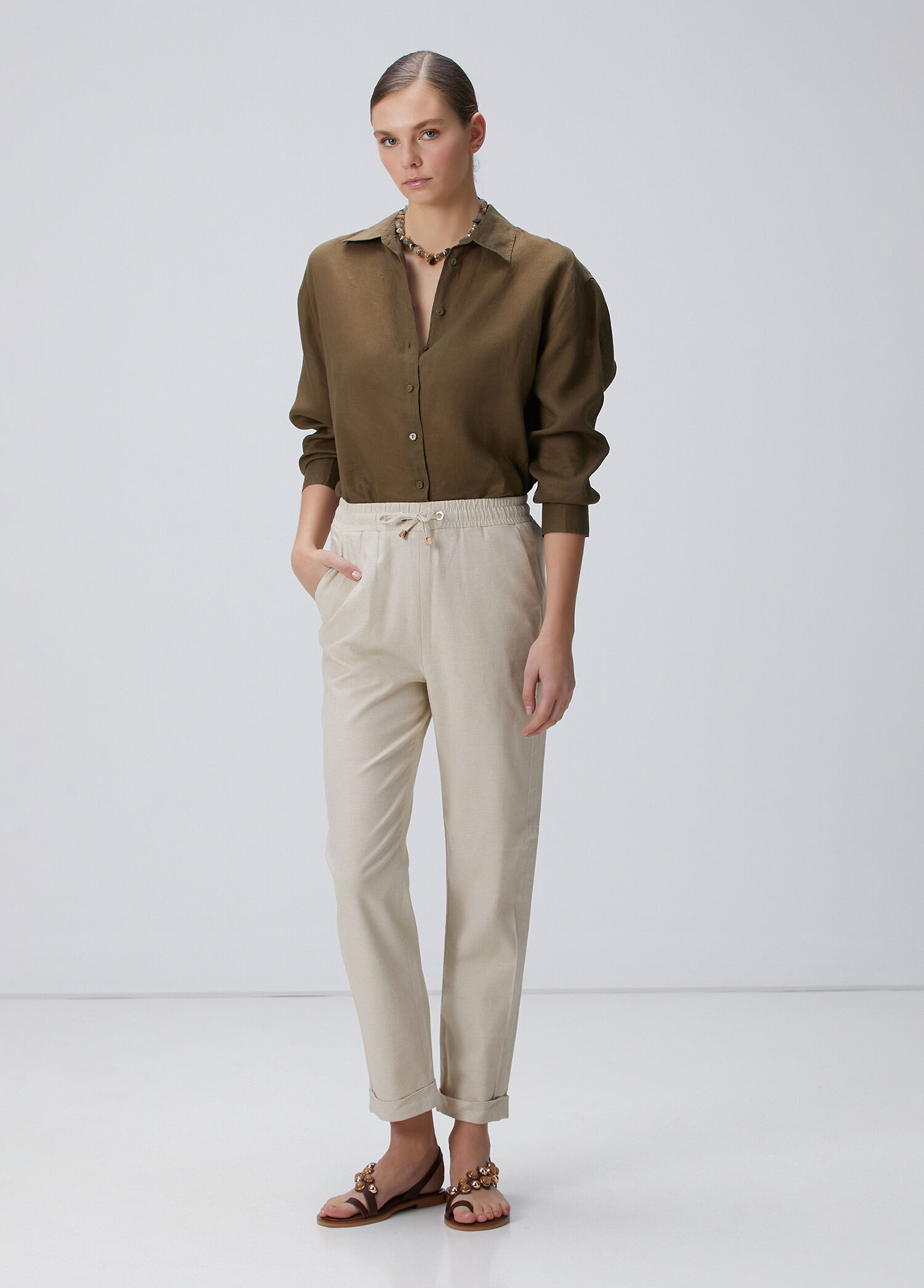 Naturel Keten Karışımlı Casual Pantolon