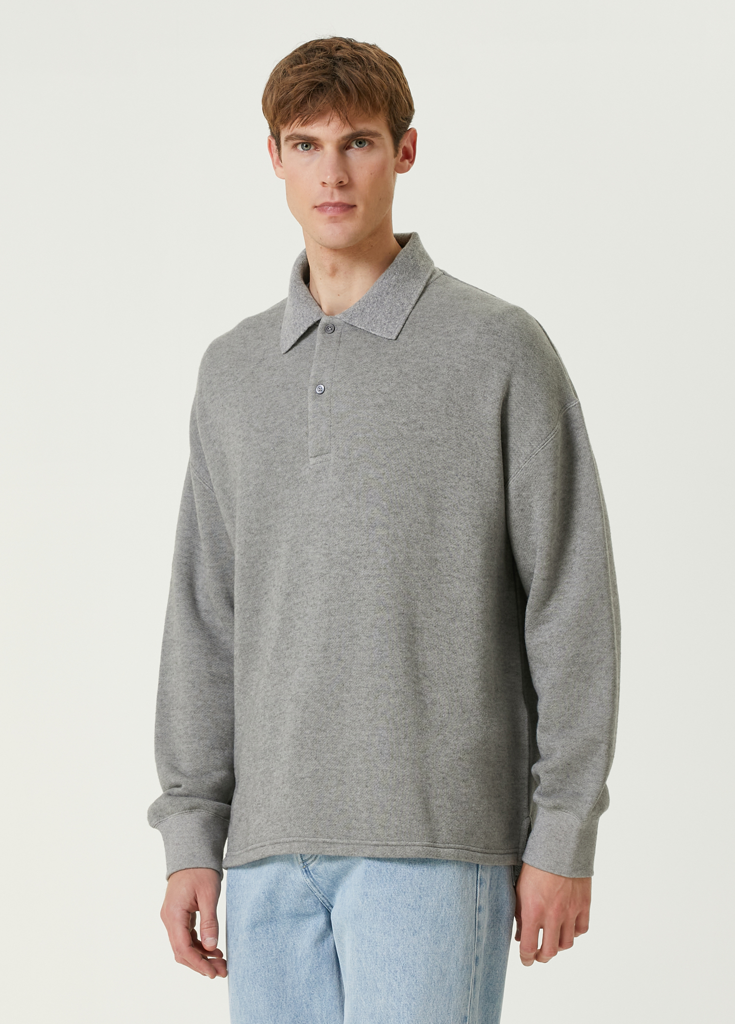 Açık Gri Polo Yaka Sweatshirt