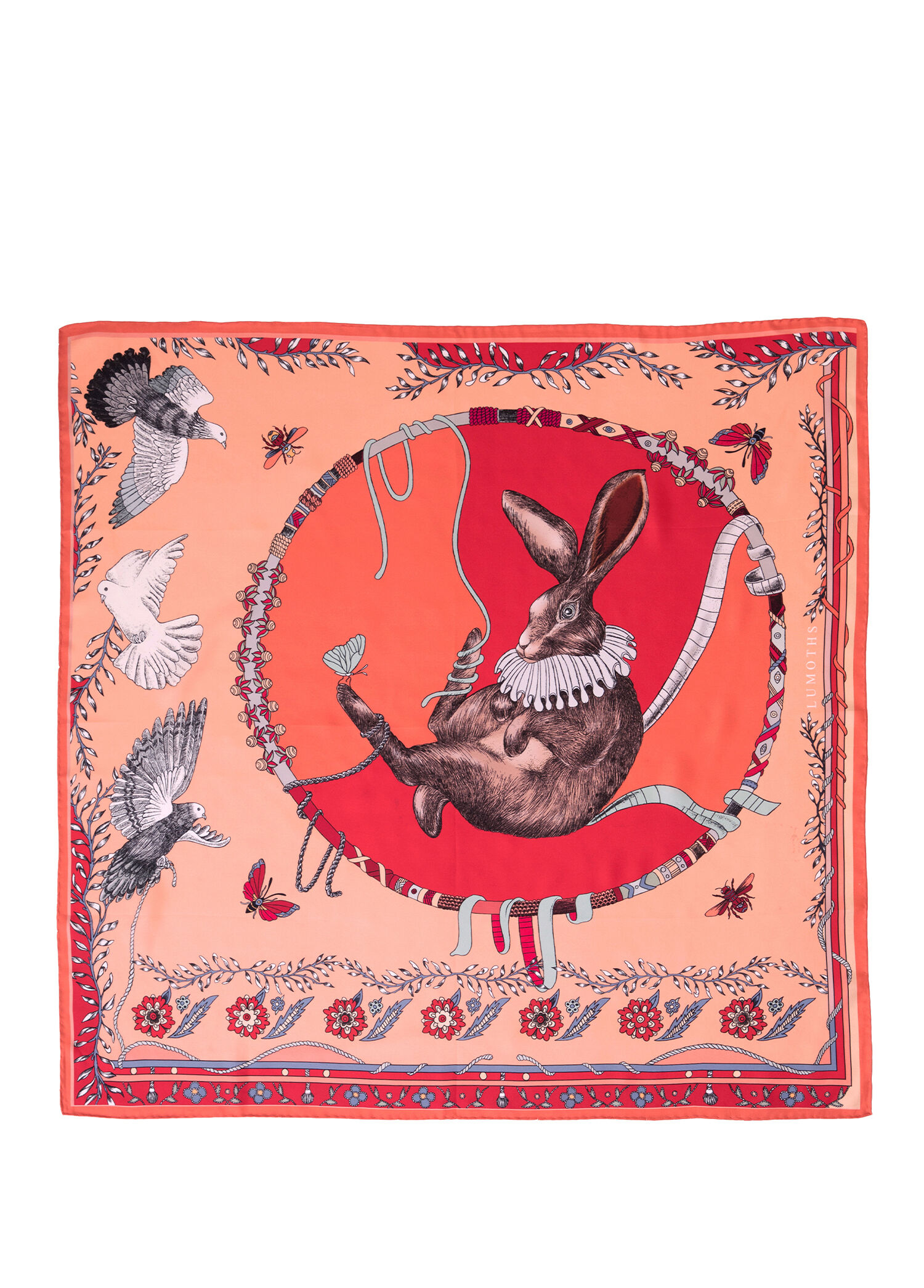 Healer Time Tavşan & Güvercinler Toz Pembe İpek Twill Kadın Fular 53 cm