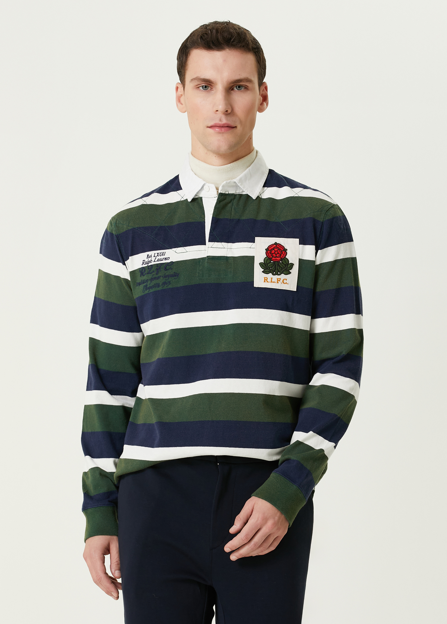 Yeşil Polo Yaka Şerit Desenli Sweatshirt