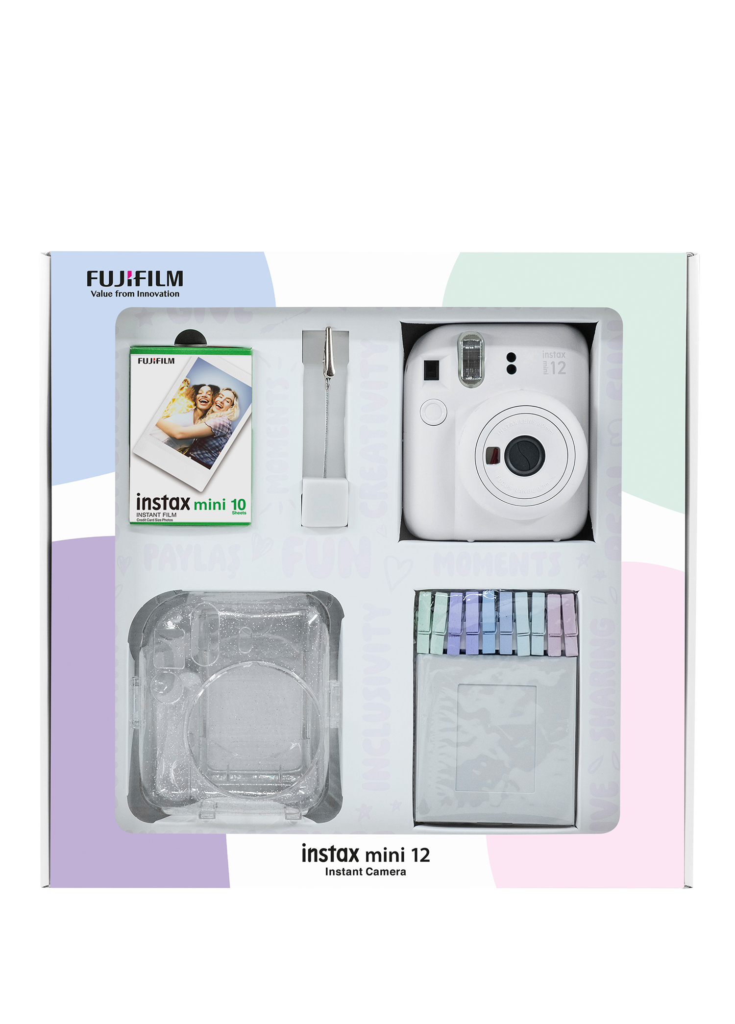 Instax Mini 12 Beyaz Fotoğraf Makinesi + 10'lu Film Simli Pleksi Kılıf Mandal ve Kıskaçlı Resim Standı