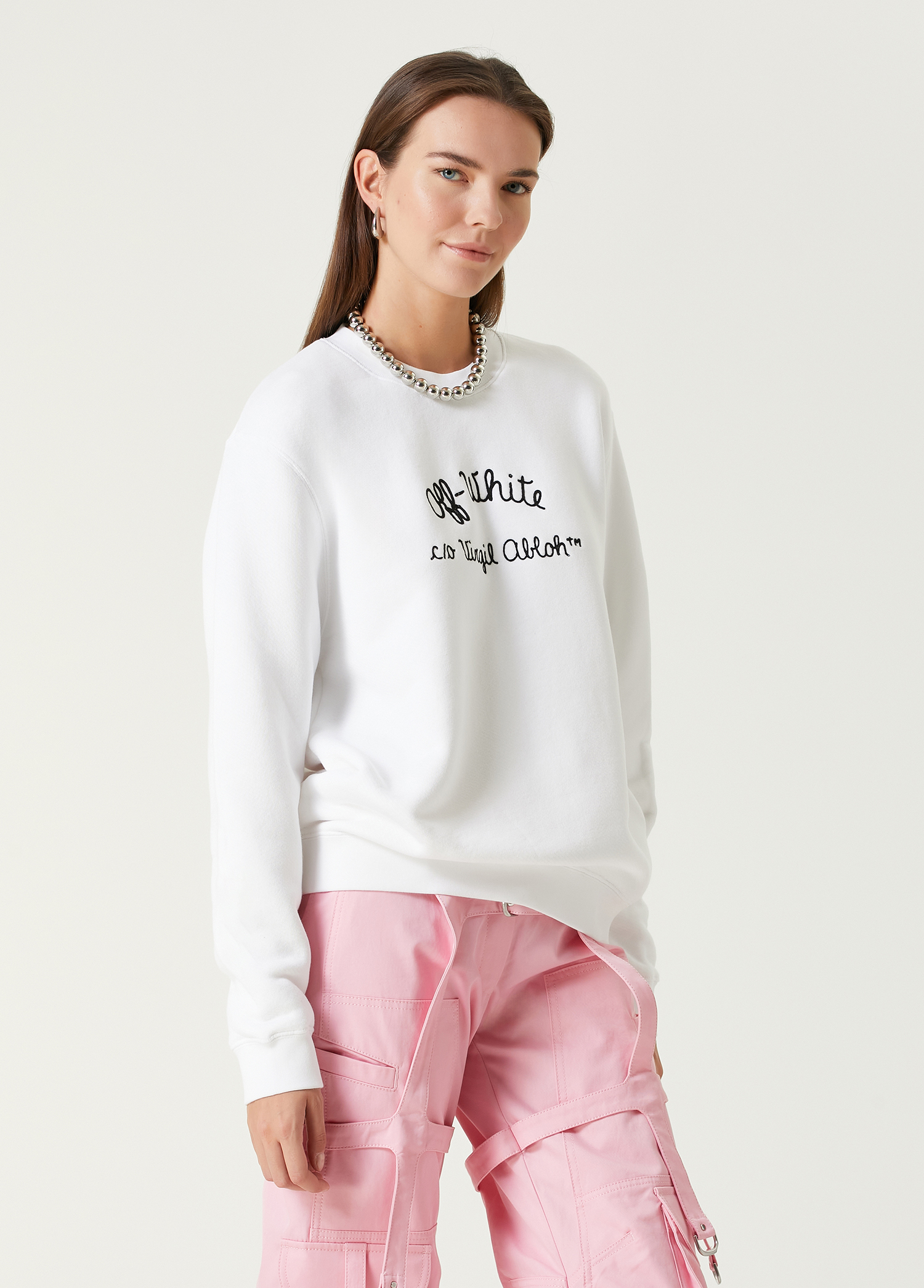 Beyaz Logo Nakışlı Sweatshirt