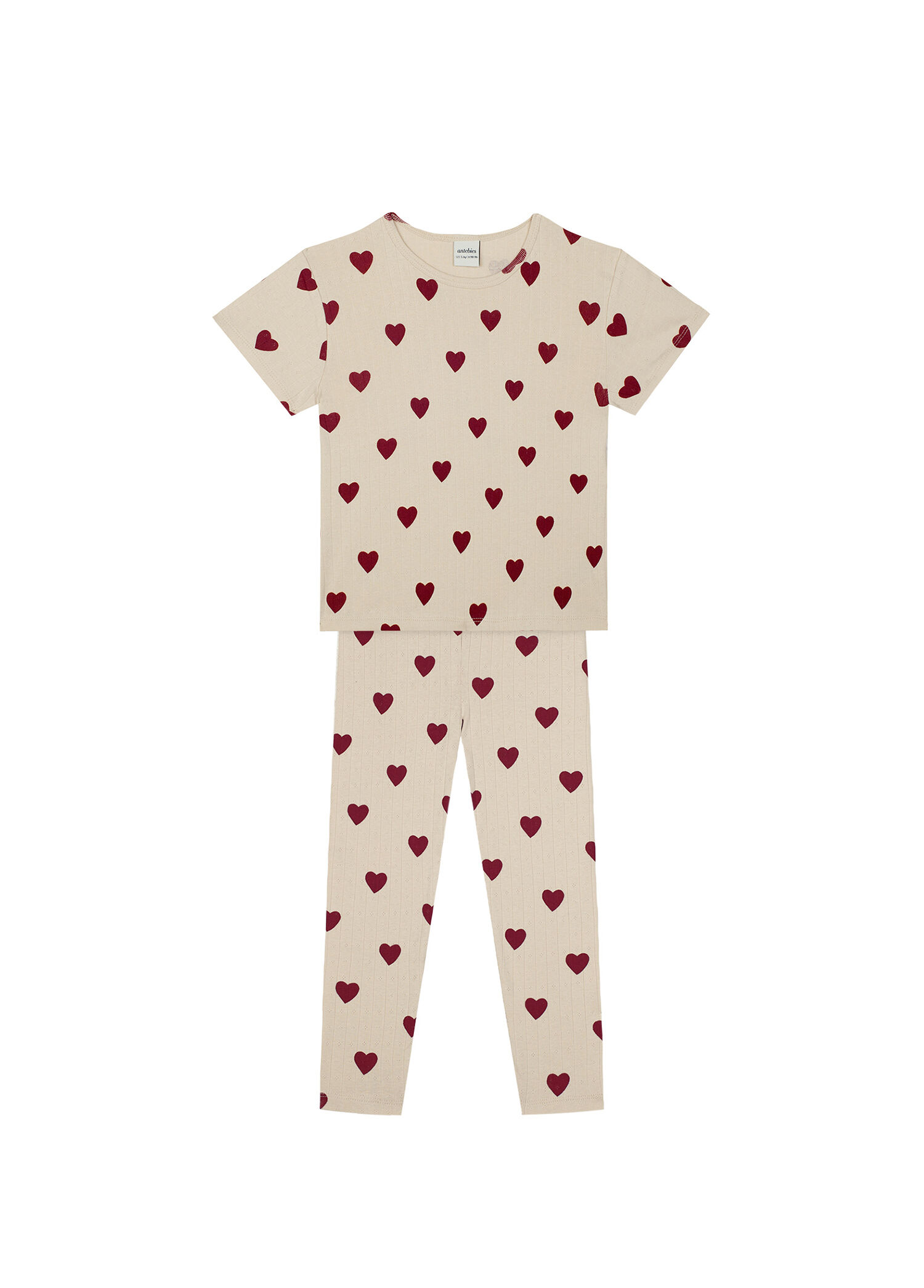 Bej Kalp Desenli Jakar Pamuklu Kısa Kollu Taytlı Kız Çocuk Pijama Takımı