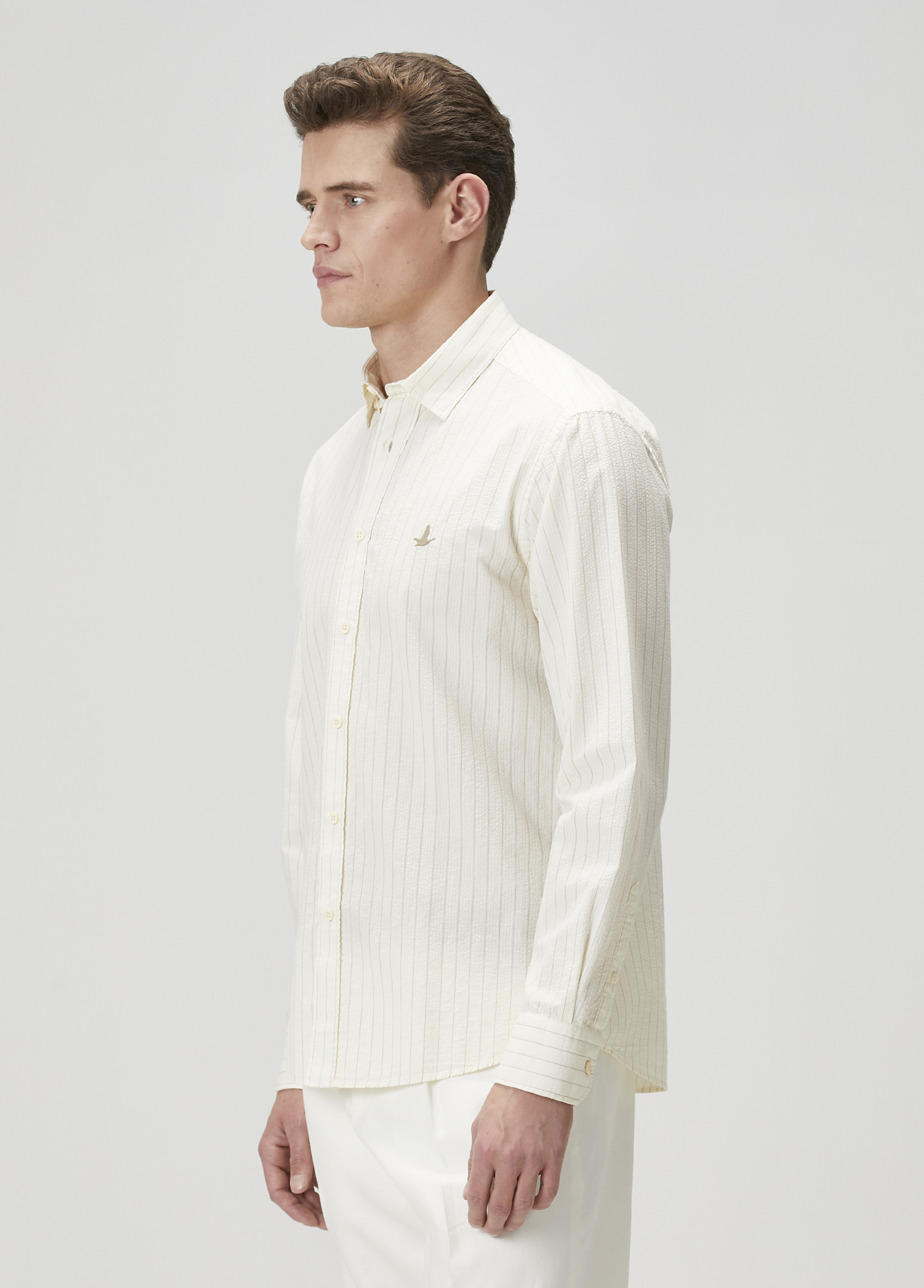 Slim Fit Krem Çizgili Gömlek_3