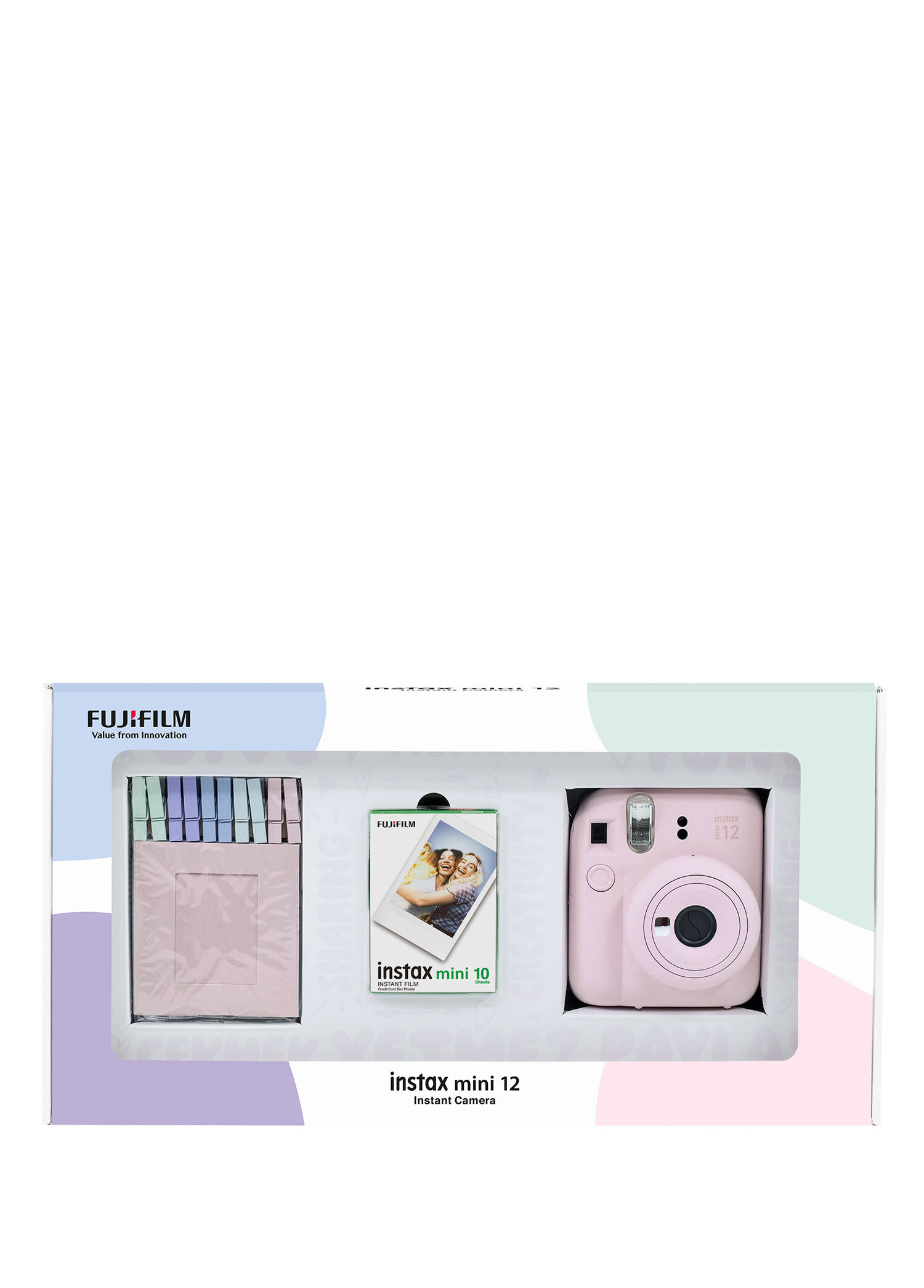 Instax Mini 12 Pembe Fotoğraf Makinesi + 10'lu Film ve Mandal Bundle Box