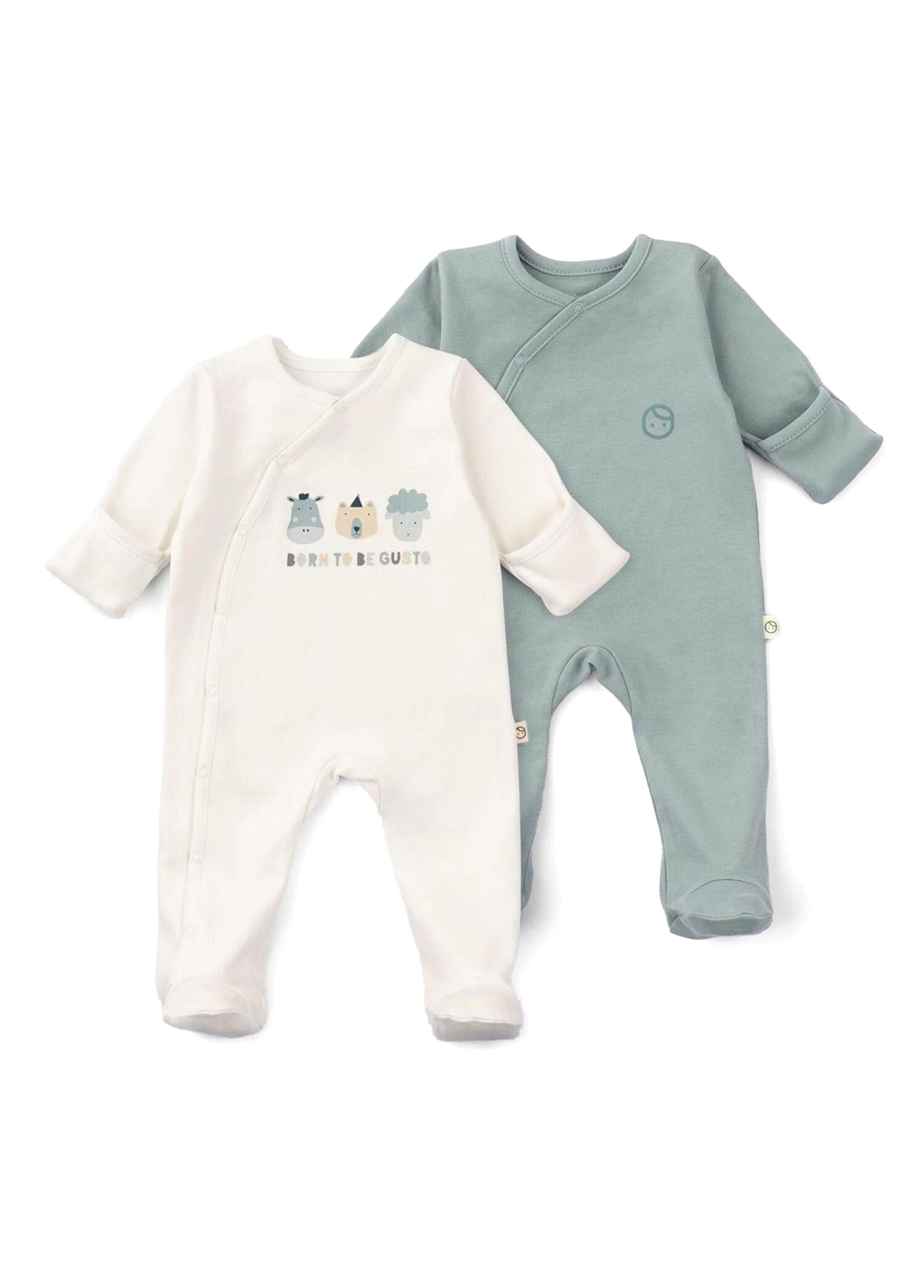 Yeşil Krem Organik Pamuk Eldivenli Patikli Unisex Bebek 2'li Tulum Set