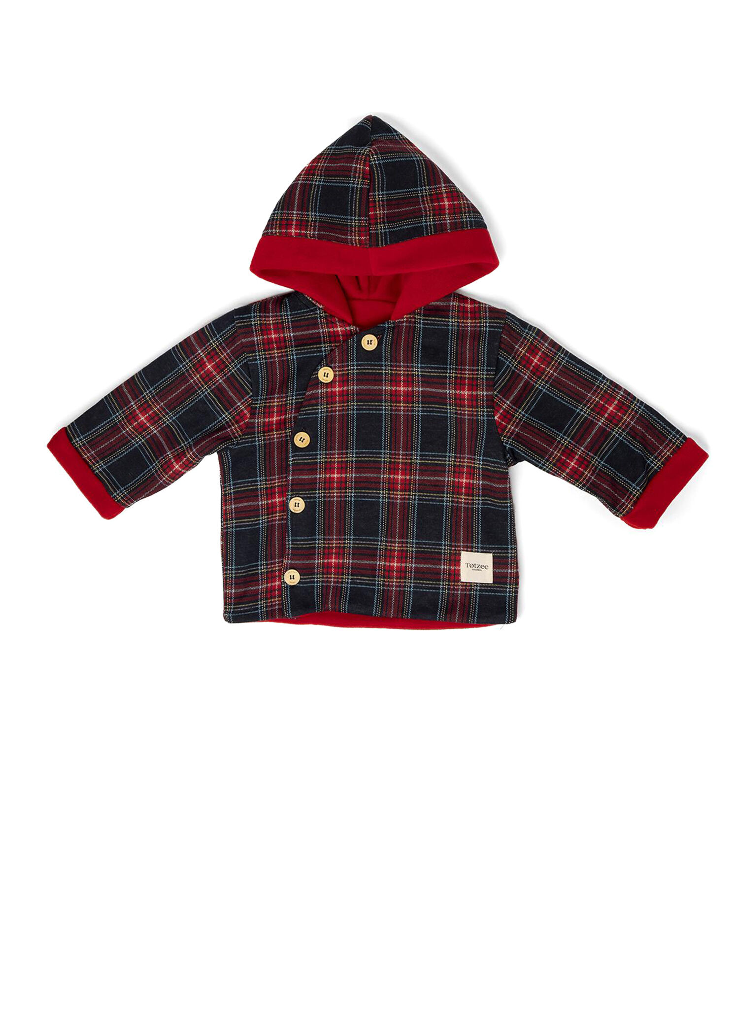 Diagonal Kırmızı & Lacivert Ekose Kapüşonlu Unisex Bebek Mont